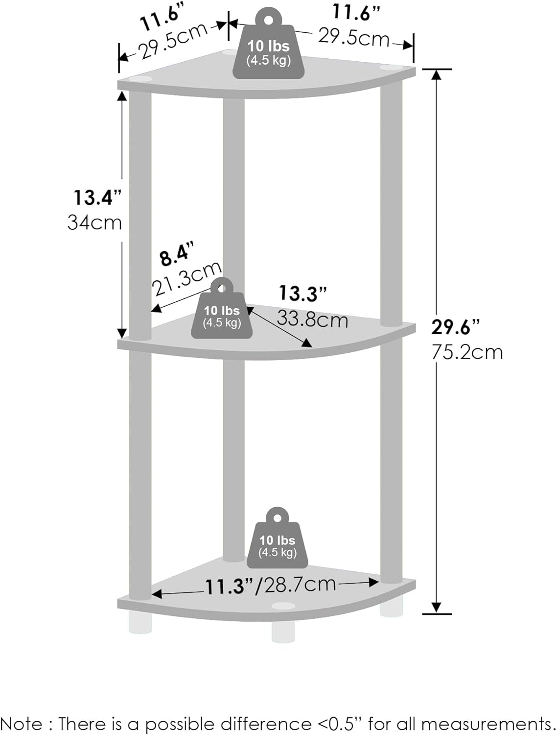 Furinno Turn-N-Tube 3-Tier Corner Shelf White