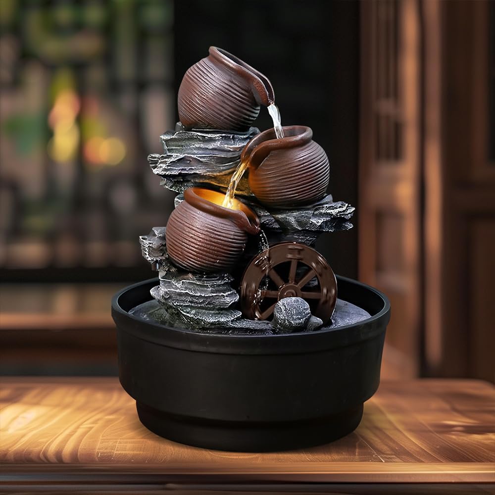 Tabletop Water Fountain with Bowls and Waterwheel