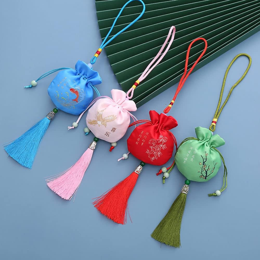4 Pcs Chinese Tradition Small Sachet Bags with Drawstring and Tassel Pink