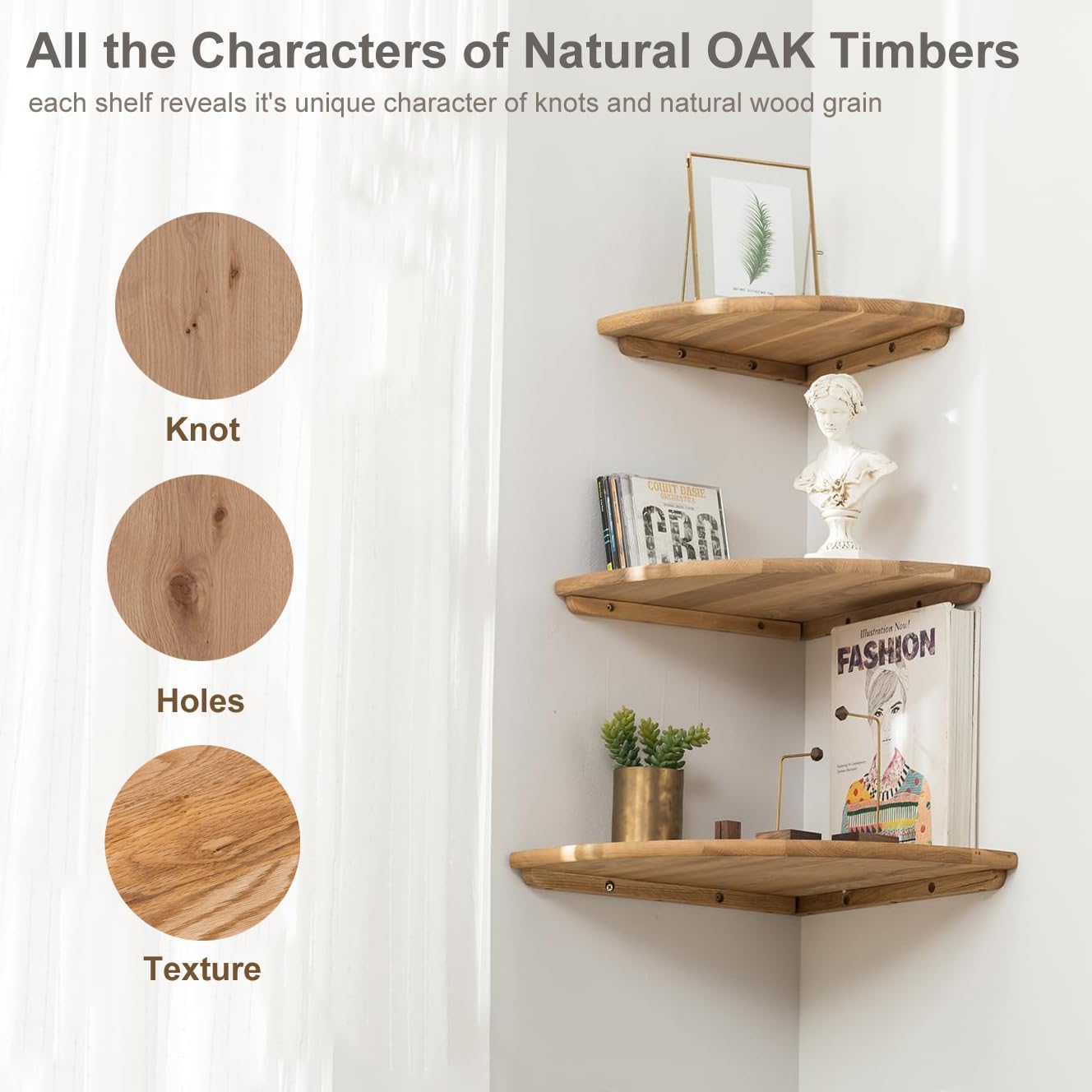 Set of 2 12 Inch Solid Oak Floating Corner Shelves