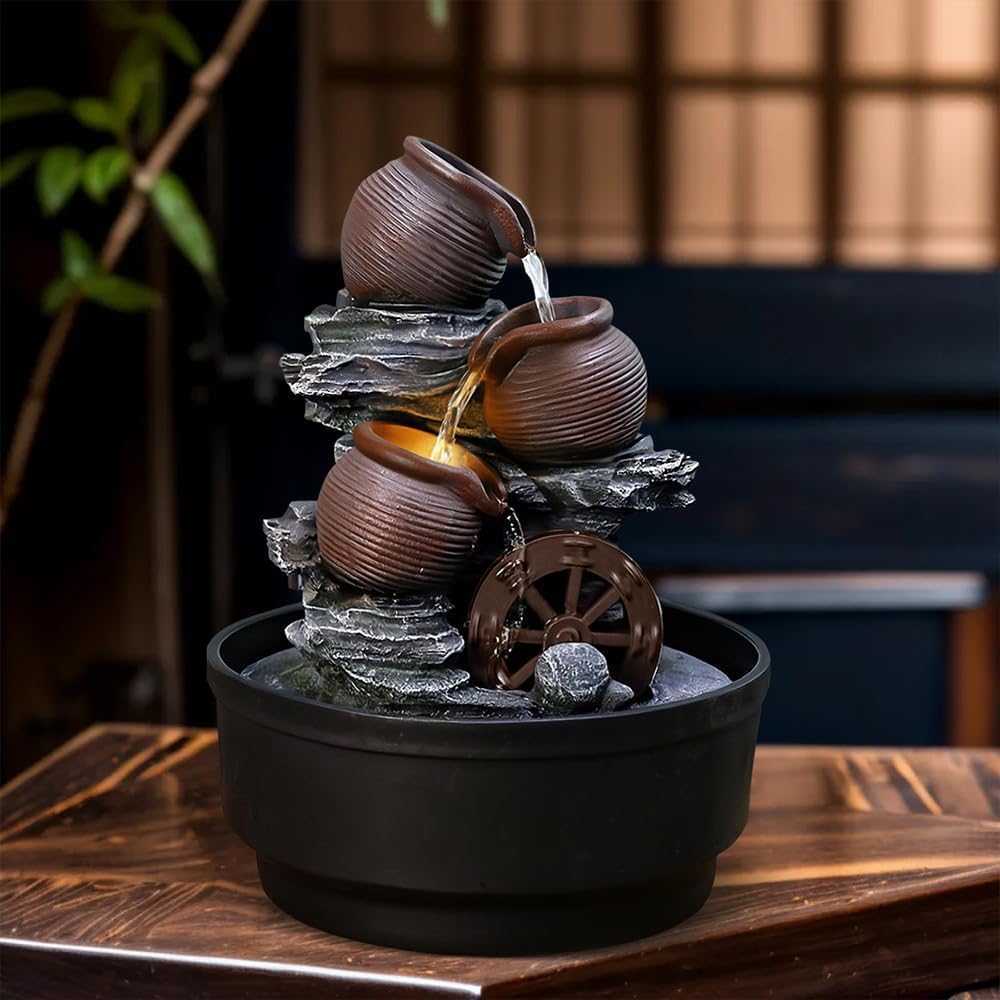 Tabletop Water Fountain with Bowls and Waterwheel