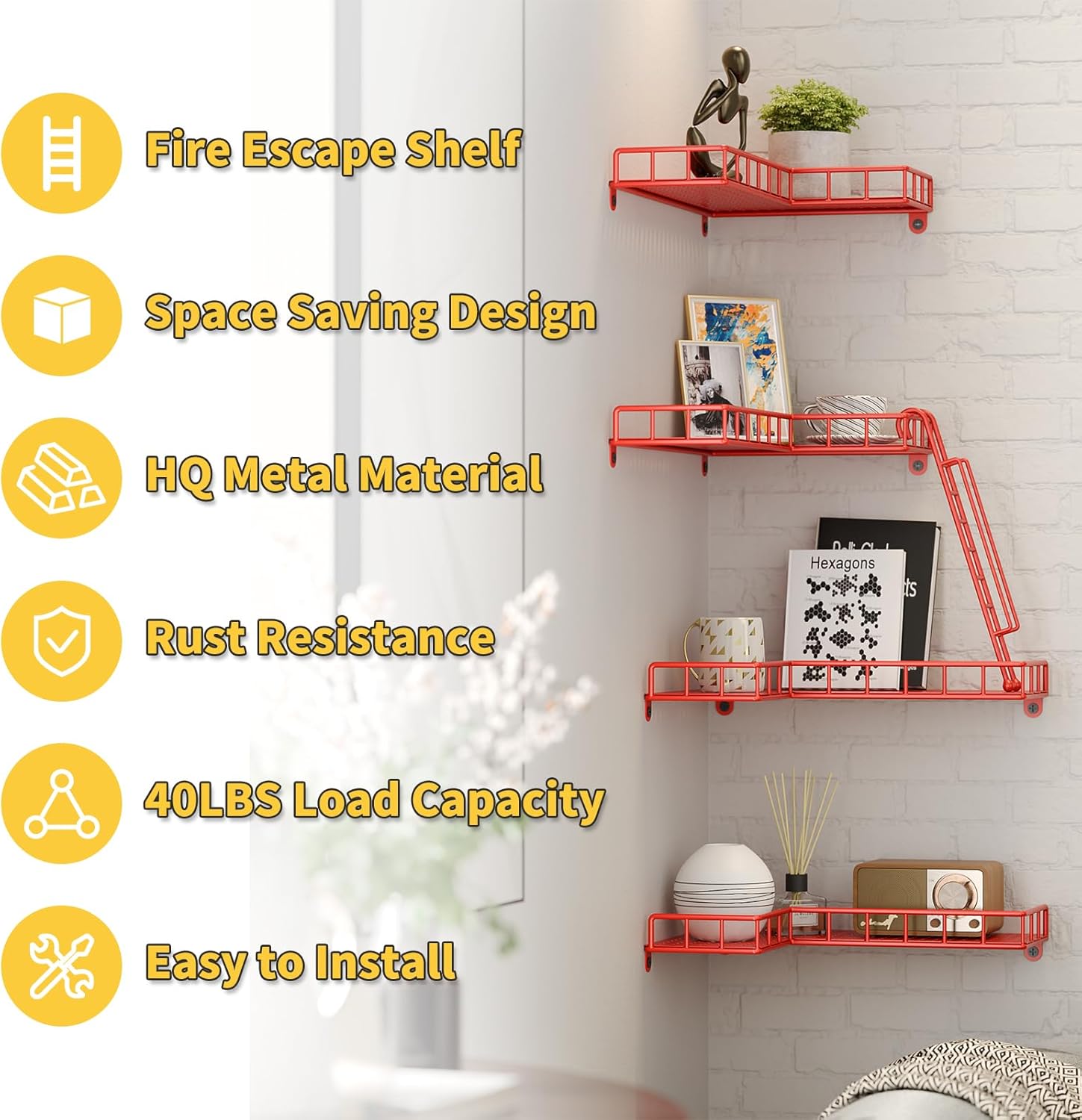 Red 4 Tier Floating Wall Shelf for Home Dcor