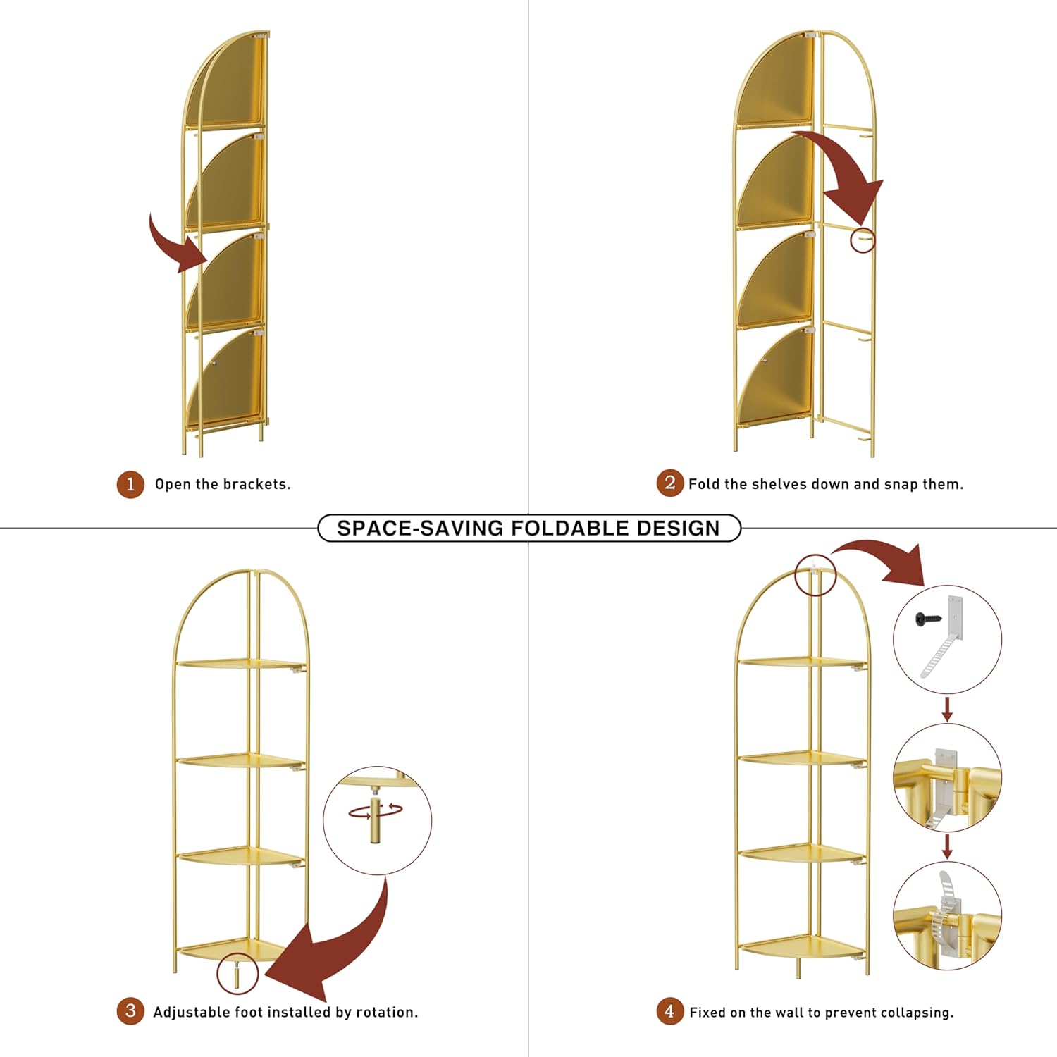 Crofy Foldable 4 Tier Corner Shelf with Gold Frame