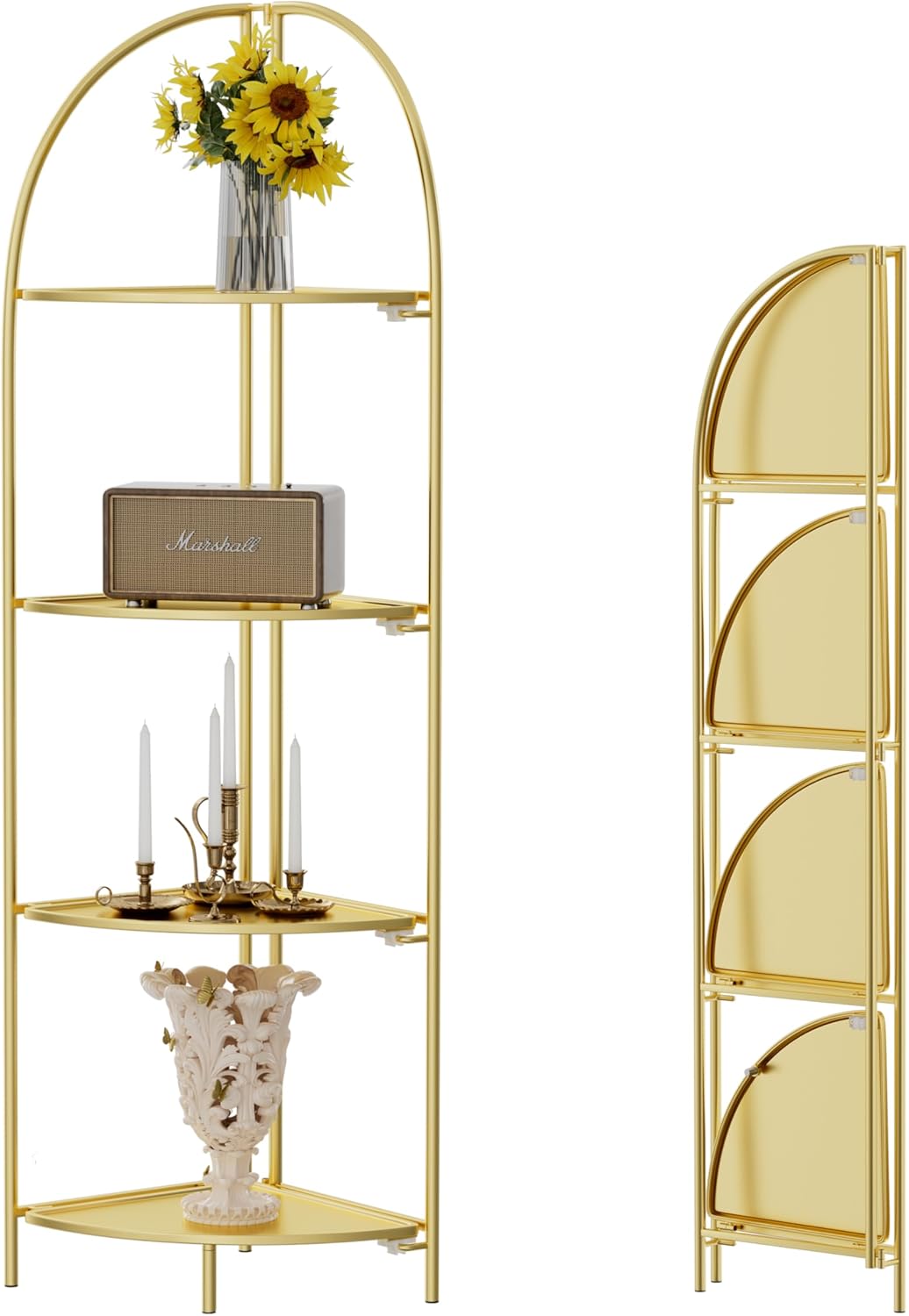 Crofy Foldable 4 Tier Corner Shelf with Gold Frame
