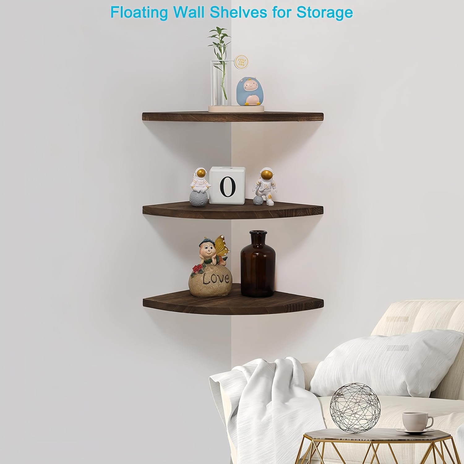 Wood Corner Floating Shelves with Cable Raceway 10 Inch