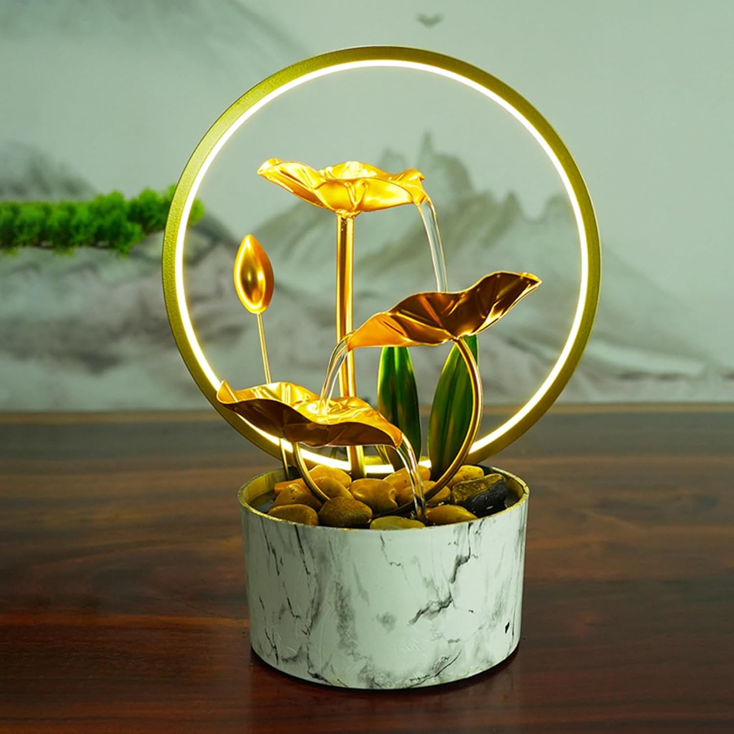 White Metal Lotus Tabletop Fountain with Light Ring