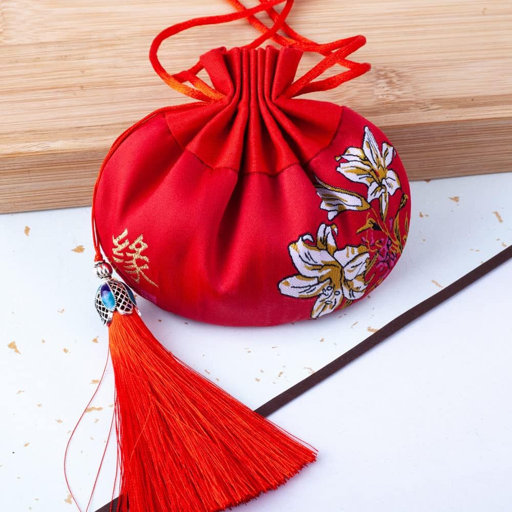 4 Pcs Red Brocade Drawstring Scent Bags with Tassel