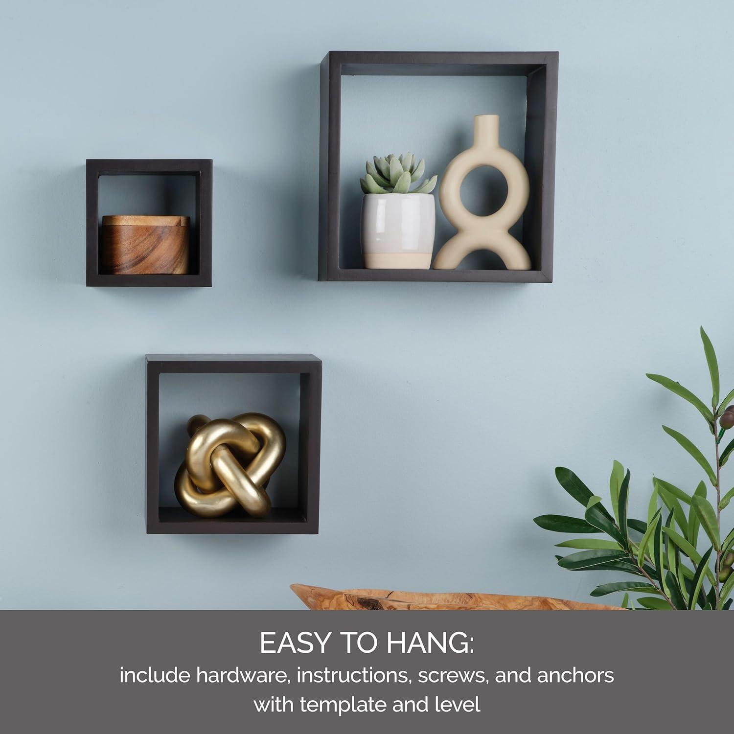 Melannco Set of 3 Floating Square Wood Shelves - Espresso