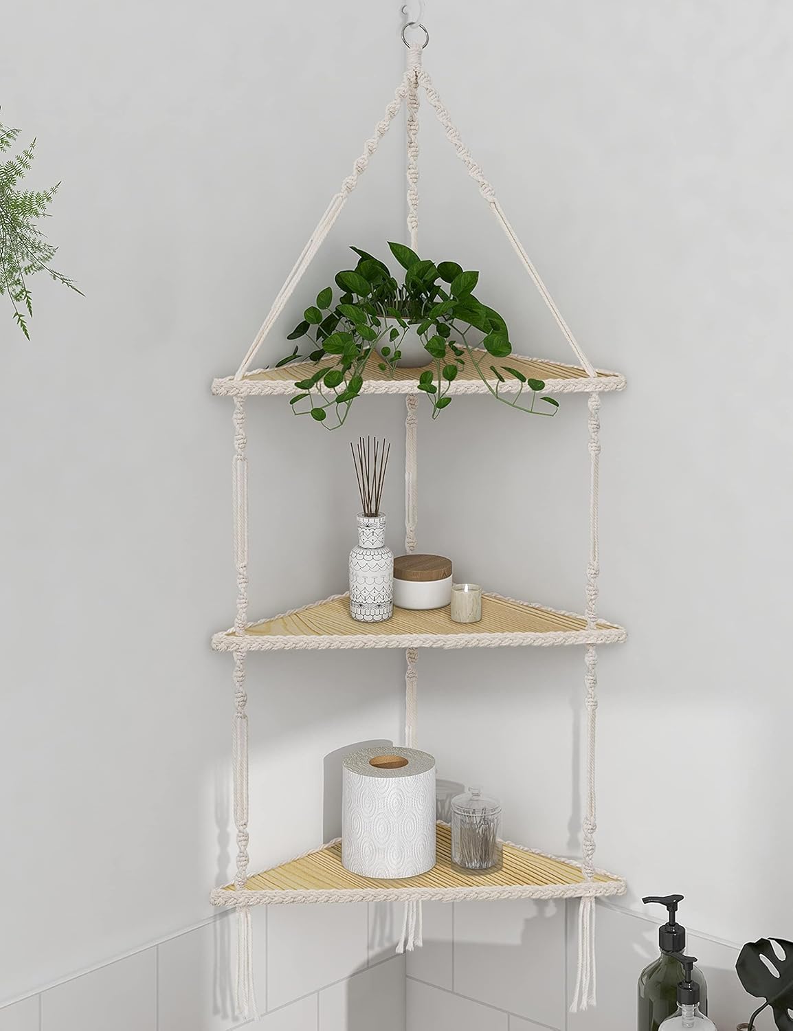 Mazjoaru 3 Tier Corner Shelves Boho Hanging Decor Organizer