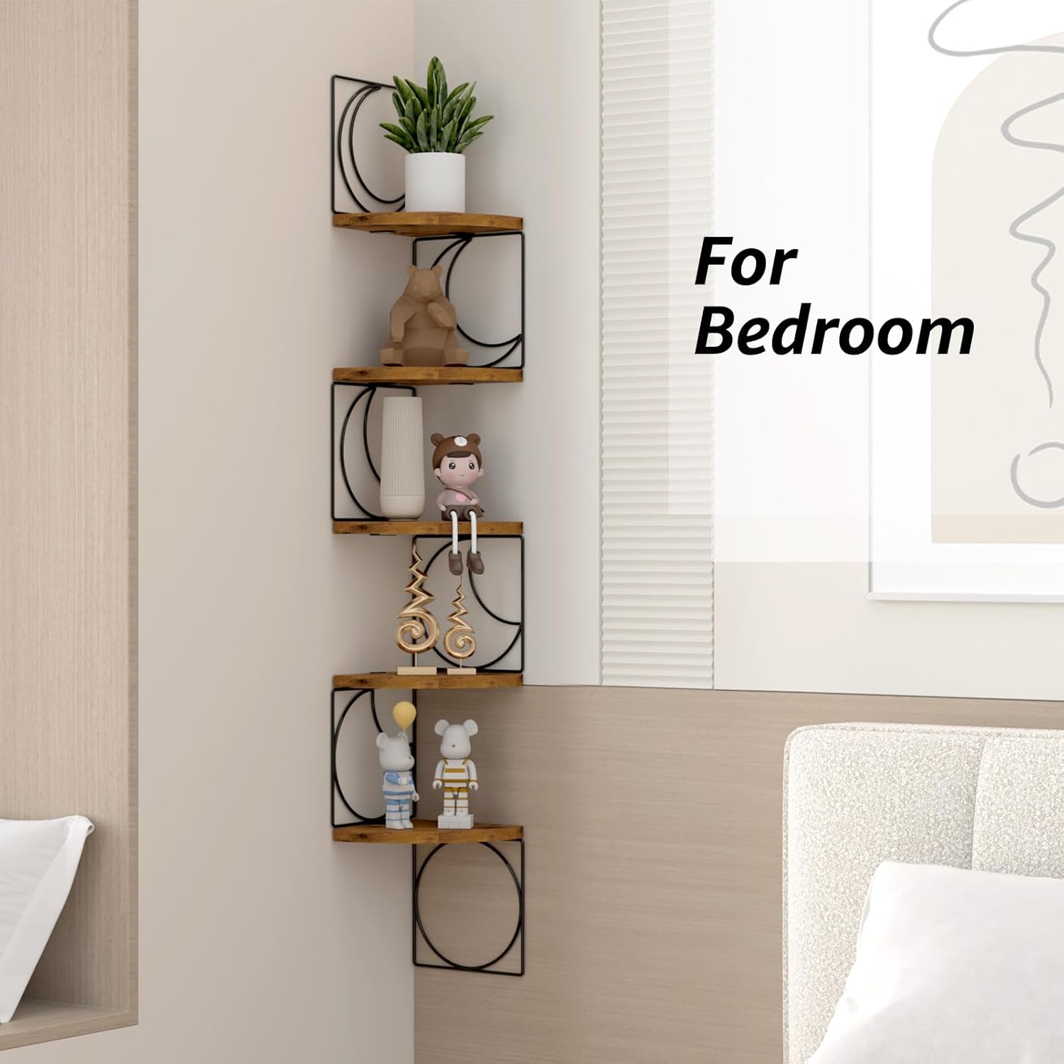 PHAREGE 5 Tier Moon Phase Corner Shelves Brown Black