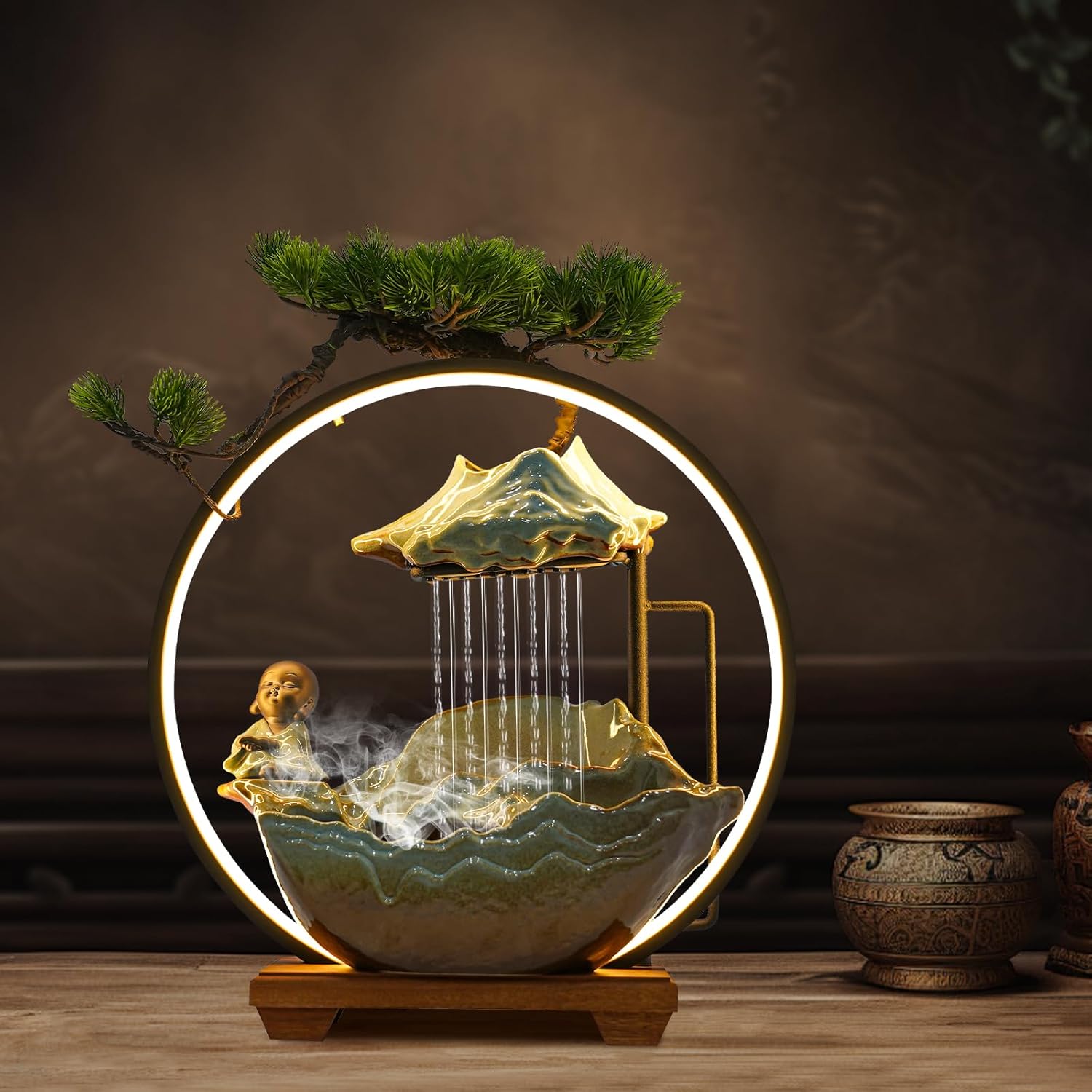 Ceramic Buddha Water Fountain with LED Light and Mist Atomizer