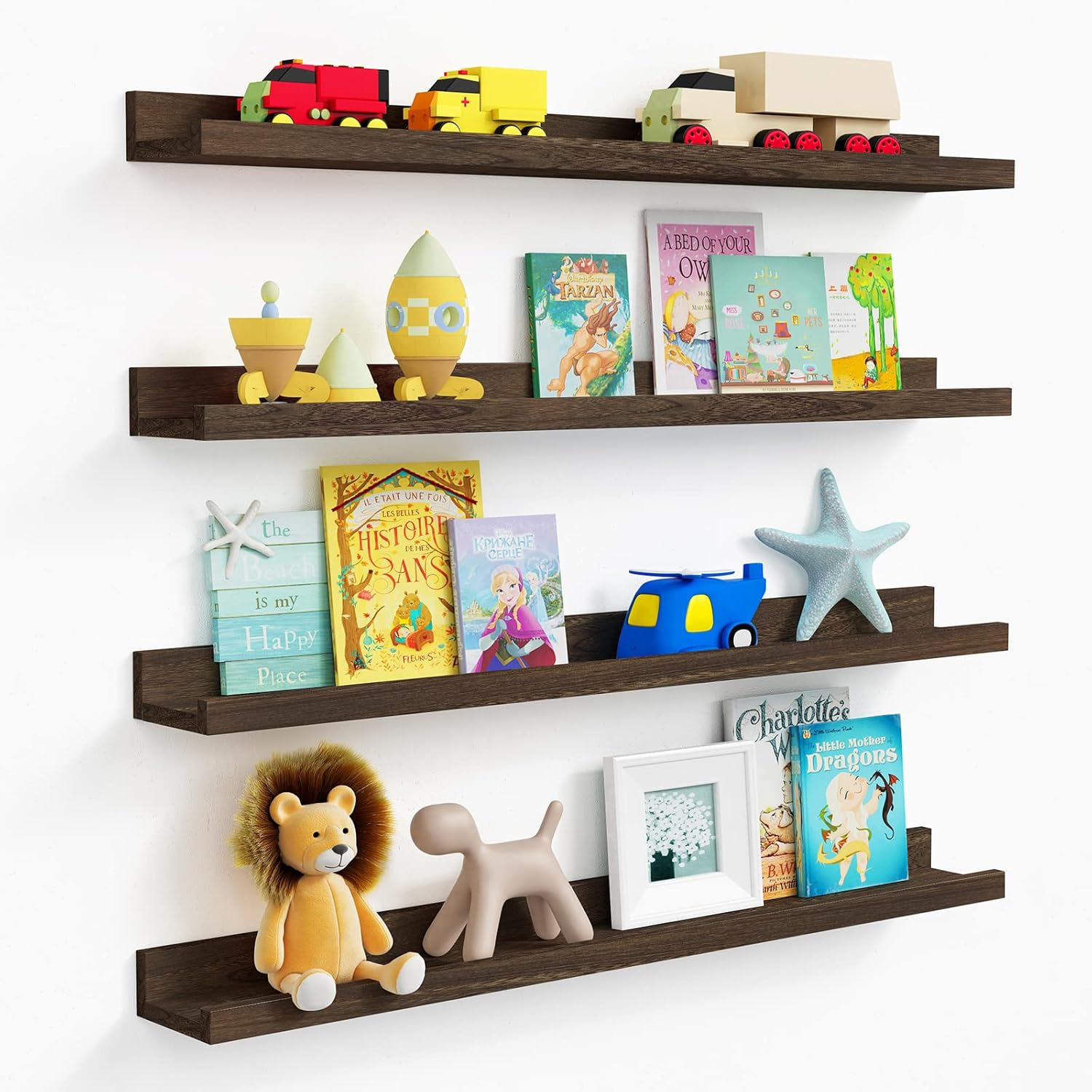 Forbena Dark Brown Floating Wall Shelves Set of 4