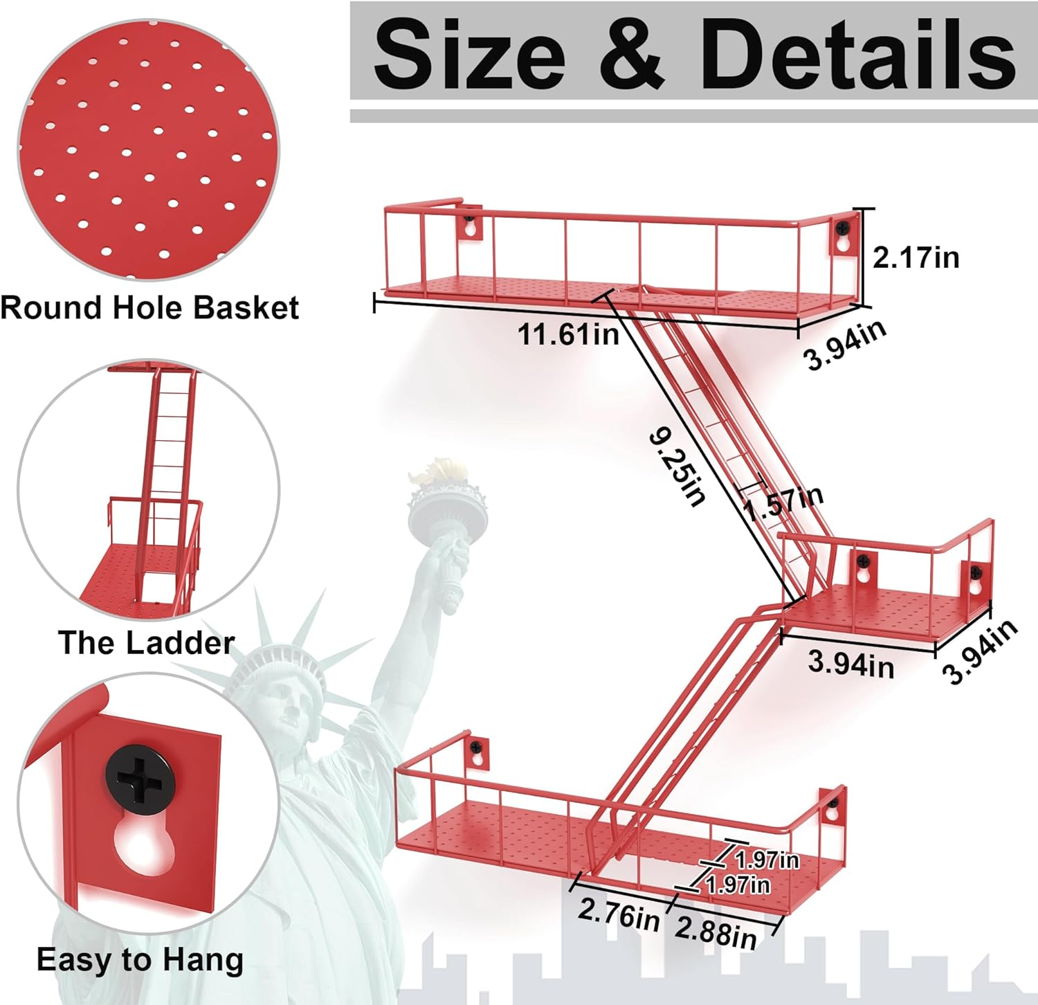 Fire Escape Shelf - 3 Tier Metal Wall Shelves with Baskets