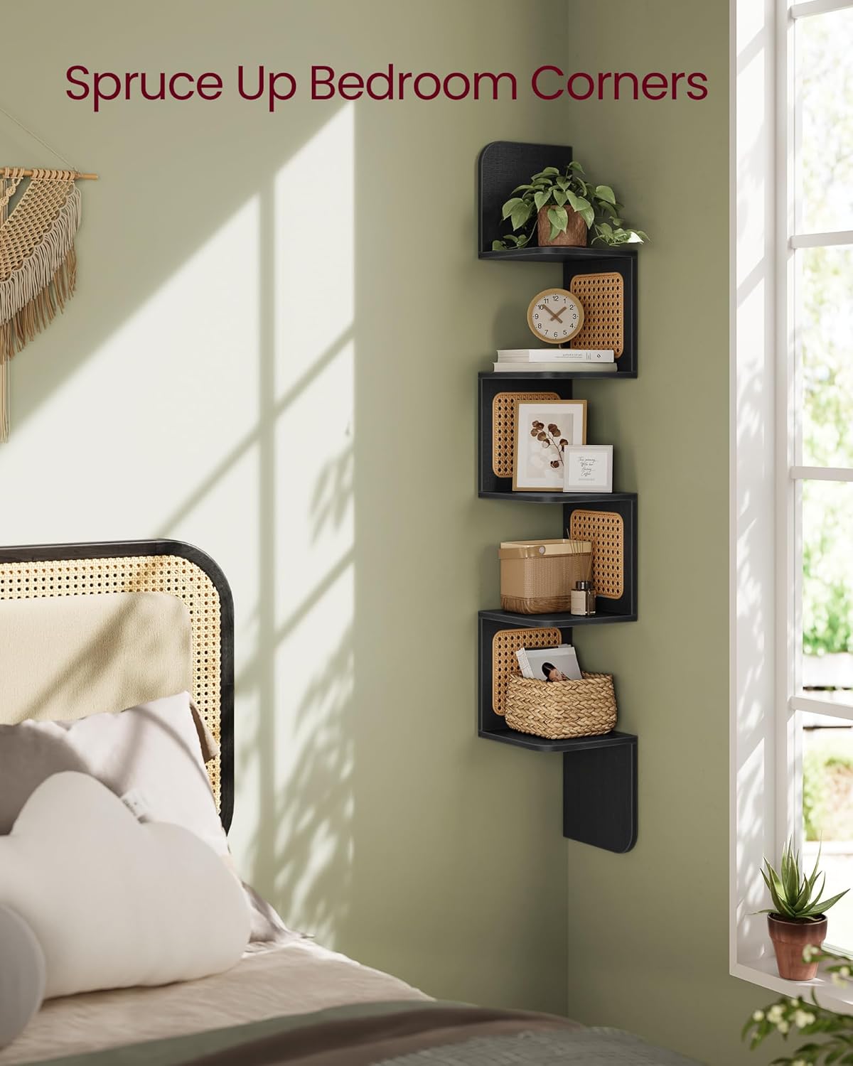 VASAGLE 5-Tier Corner Shelf with PVC Rattan Sides