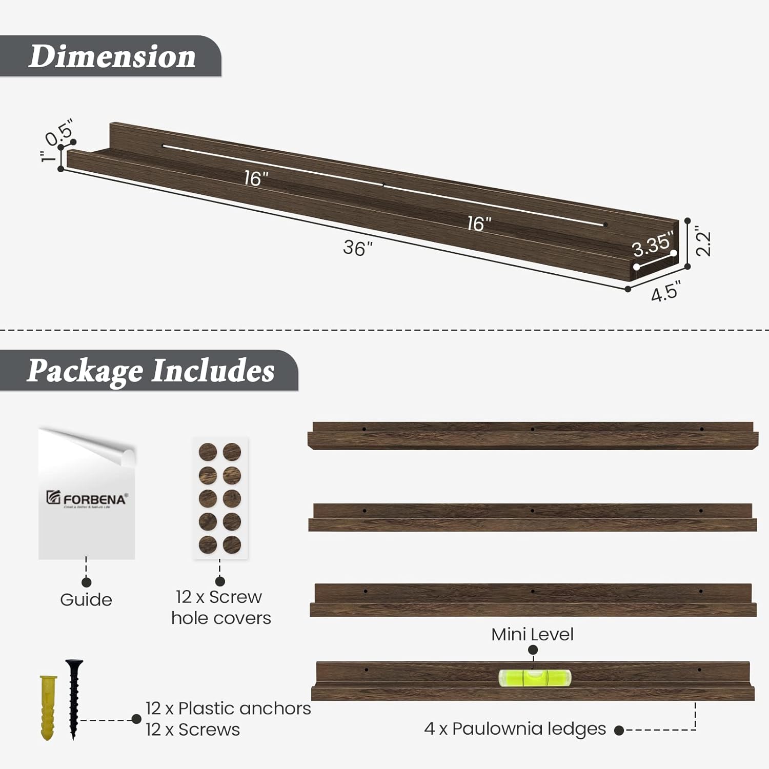 Forbena Dark Brown Floating Wall Shelves Set of 4
