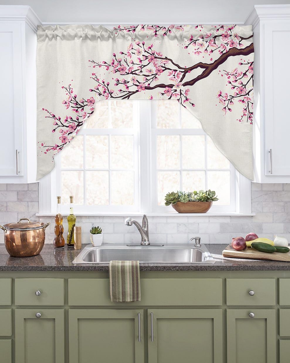 Cherry Blossom Kitchen Curtains Swag Valance 55x36 Pink