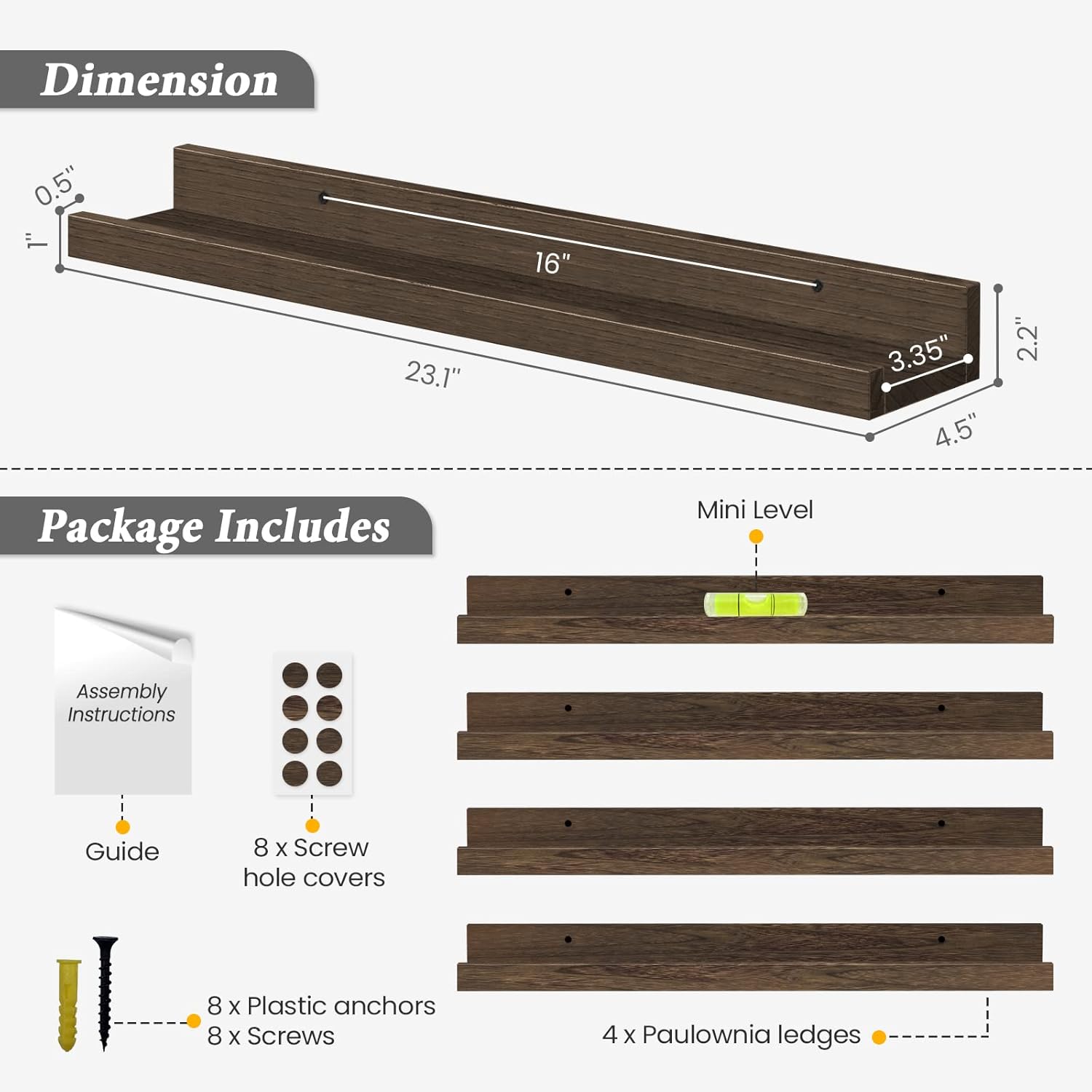 Forbena Rustic Picture Ledge Shelf Set of 4 Dark Brown