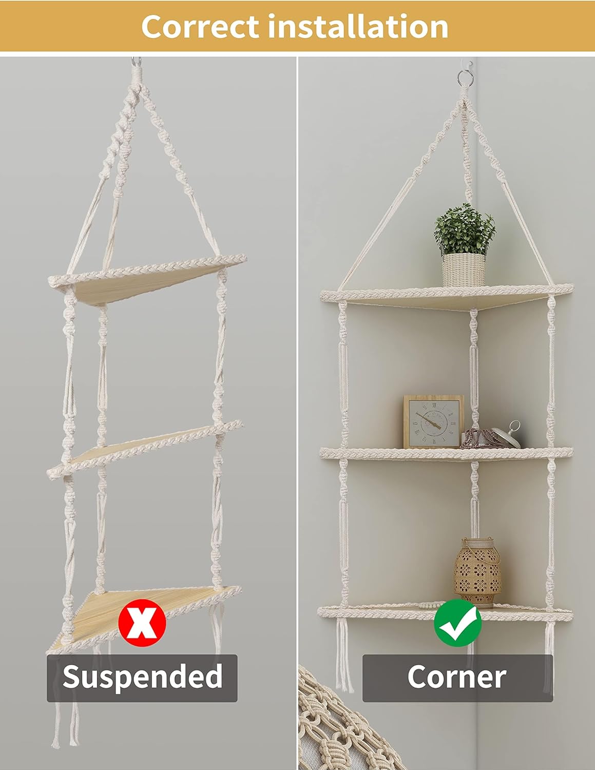 Mazjoaru 3 Tier Corner Shelves Boho Hanging Decor Organizer