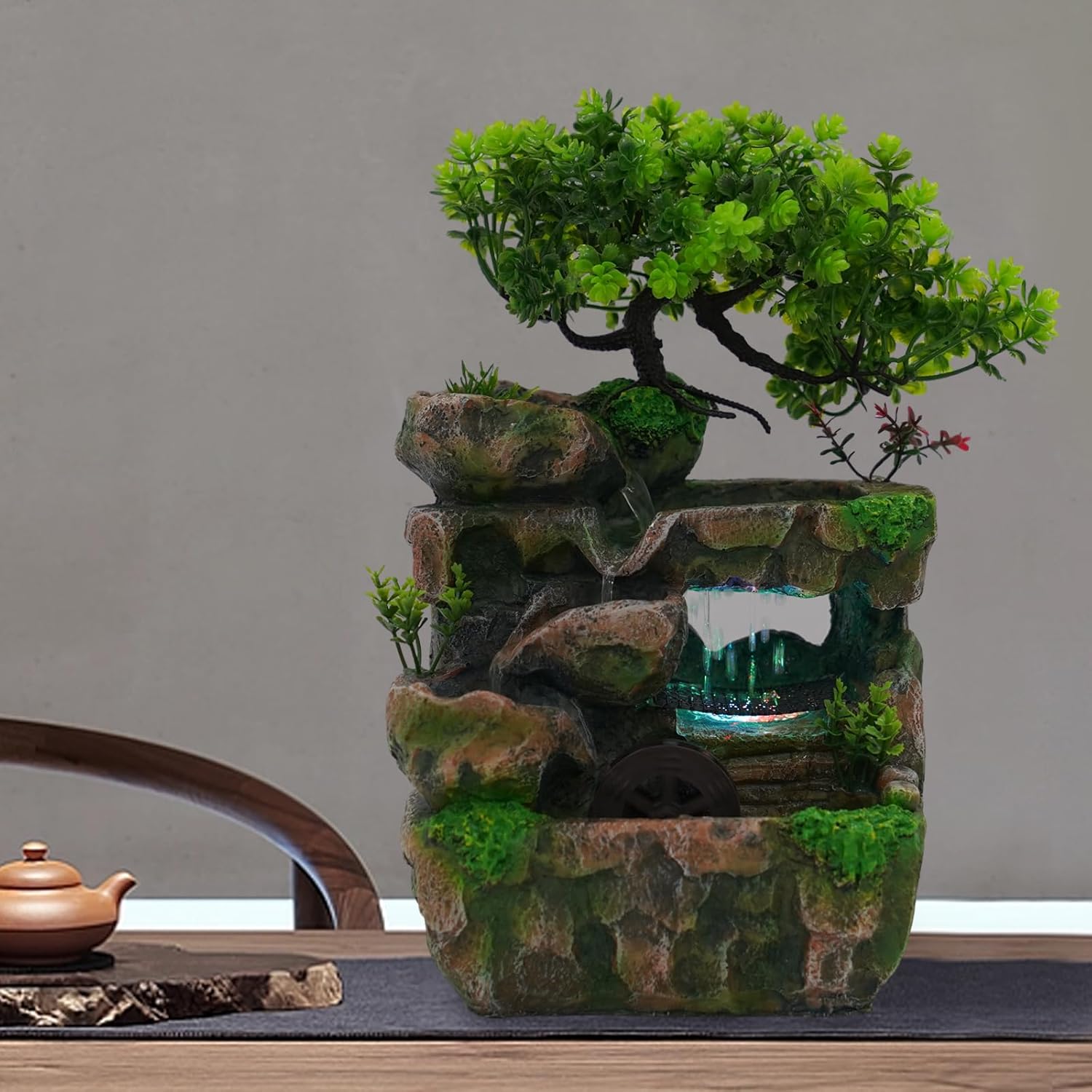 Desk Water Fountain With LED Light and Rockery Design