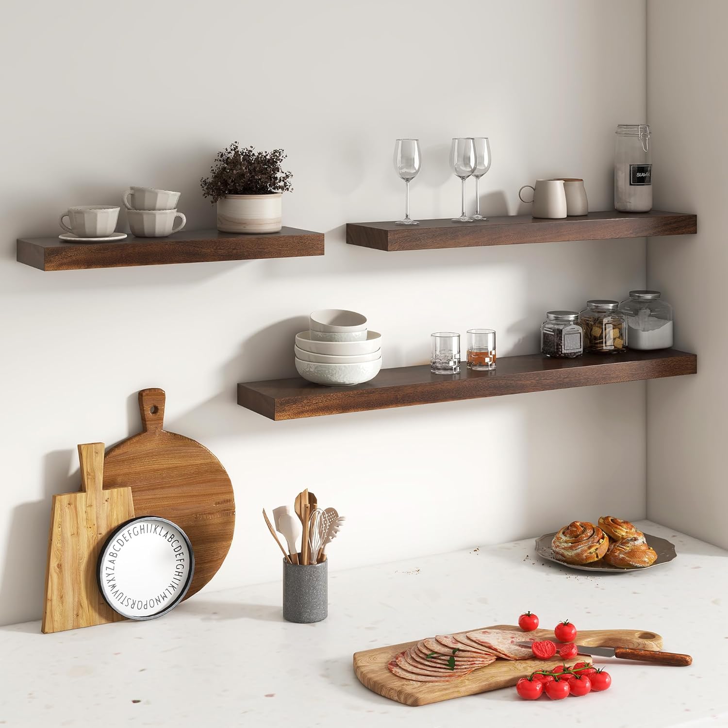 FLYJOE Floating Shelves Set of 2 24 Inch Walnut Wood Wall Mount