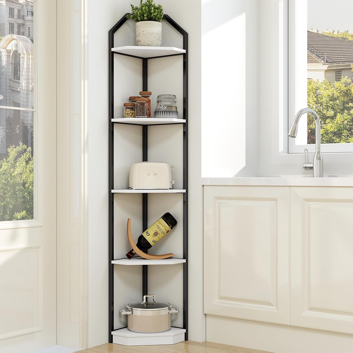 70 Inch Tall Corner Shelf Stand with 5 Tiers White
