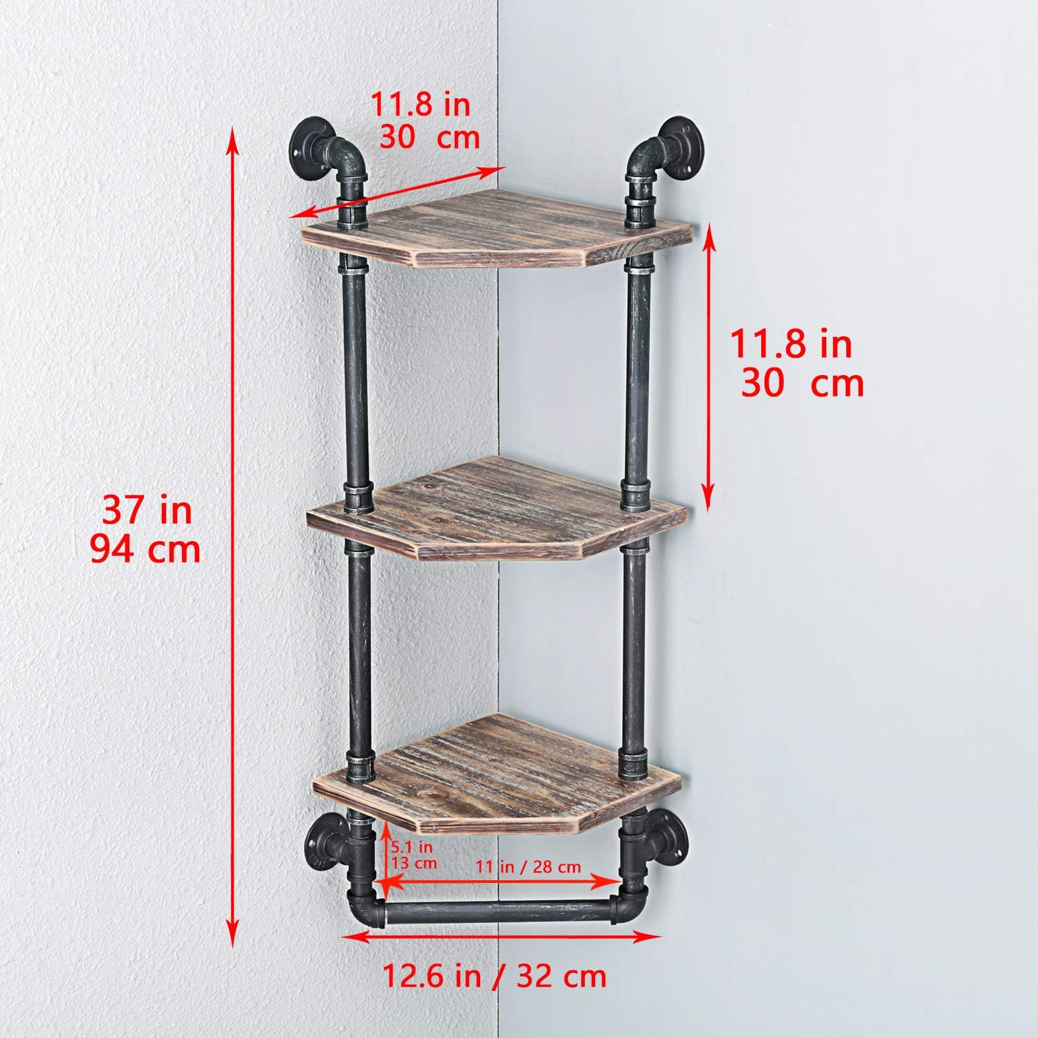 MBQQ Industrial Pipe Shelf 3 Tiered Floating Wood Decor