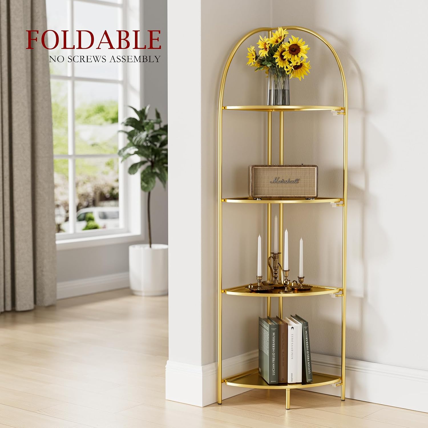 Crofy Foldable 4 Tier Corner Shelf with Gold Frame