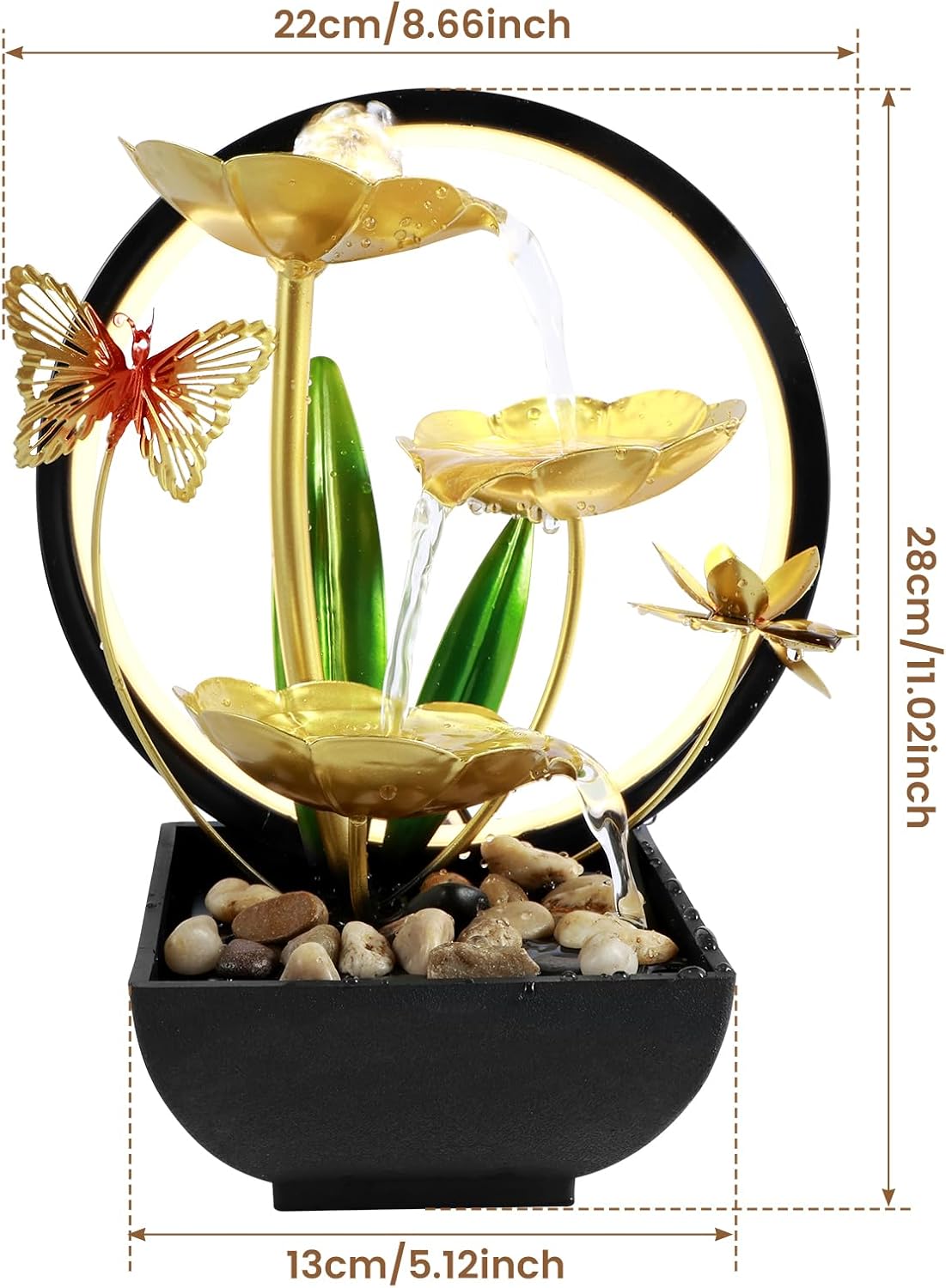 USB Powered Tabletop Water Fountain with LED Light and Natural Rocks