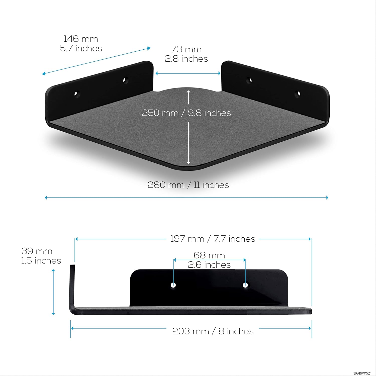 BRAINWAVZ 2 Pack 8 Inch Corner Floating Shelf Black