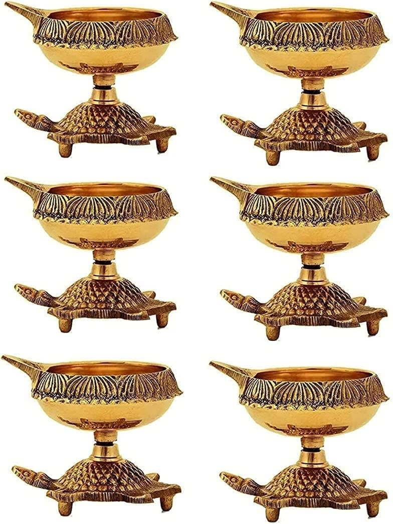 SATVIK 6 Piece Brass Kuber Diya Set with Turtle Base