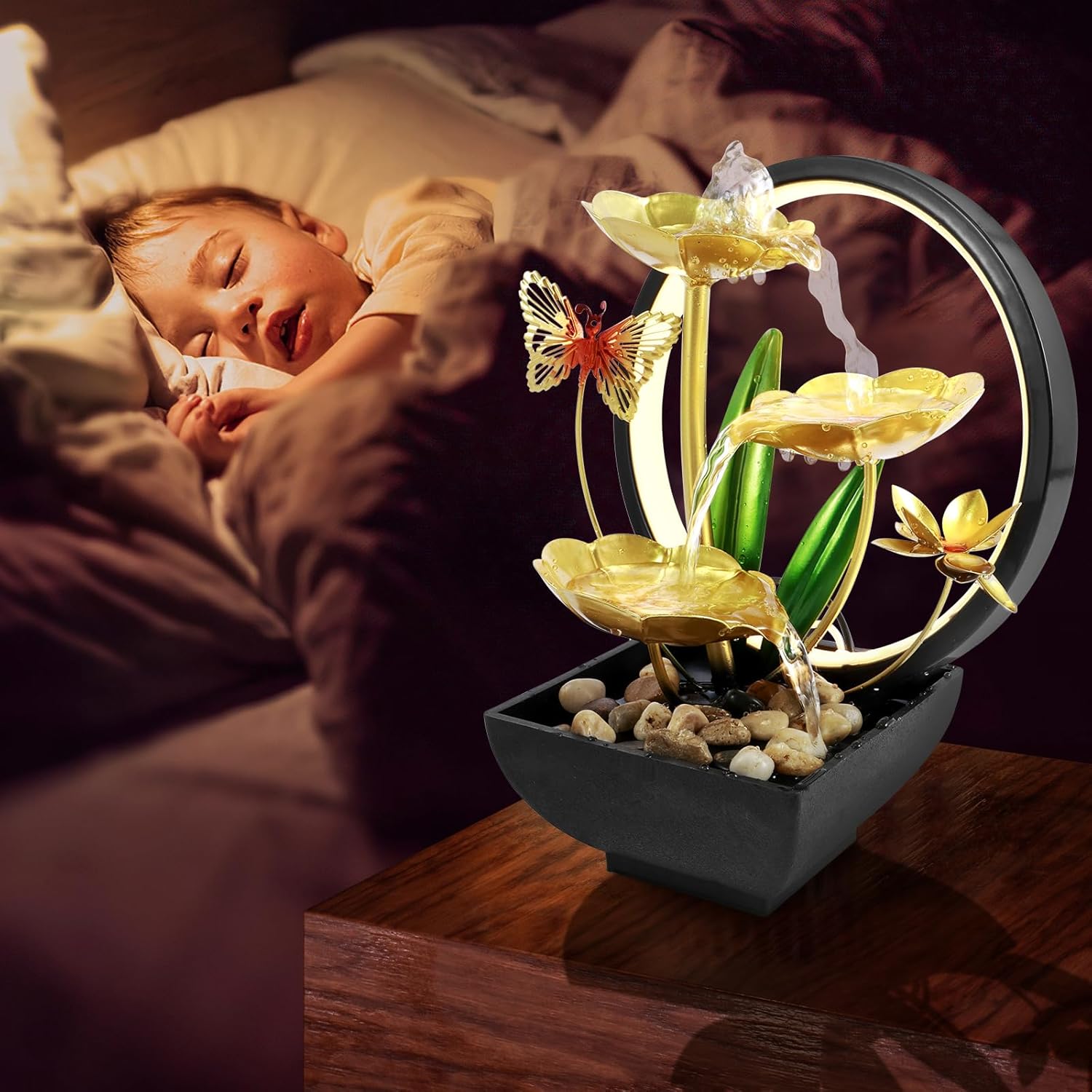 USB Powered Tabletop Water Fountain with LED Light and Natural Rocks