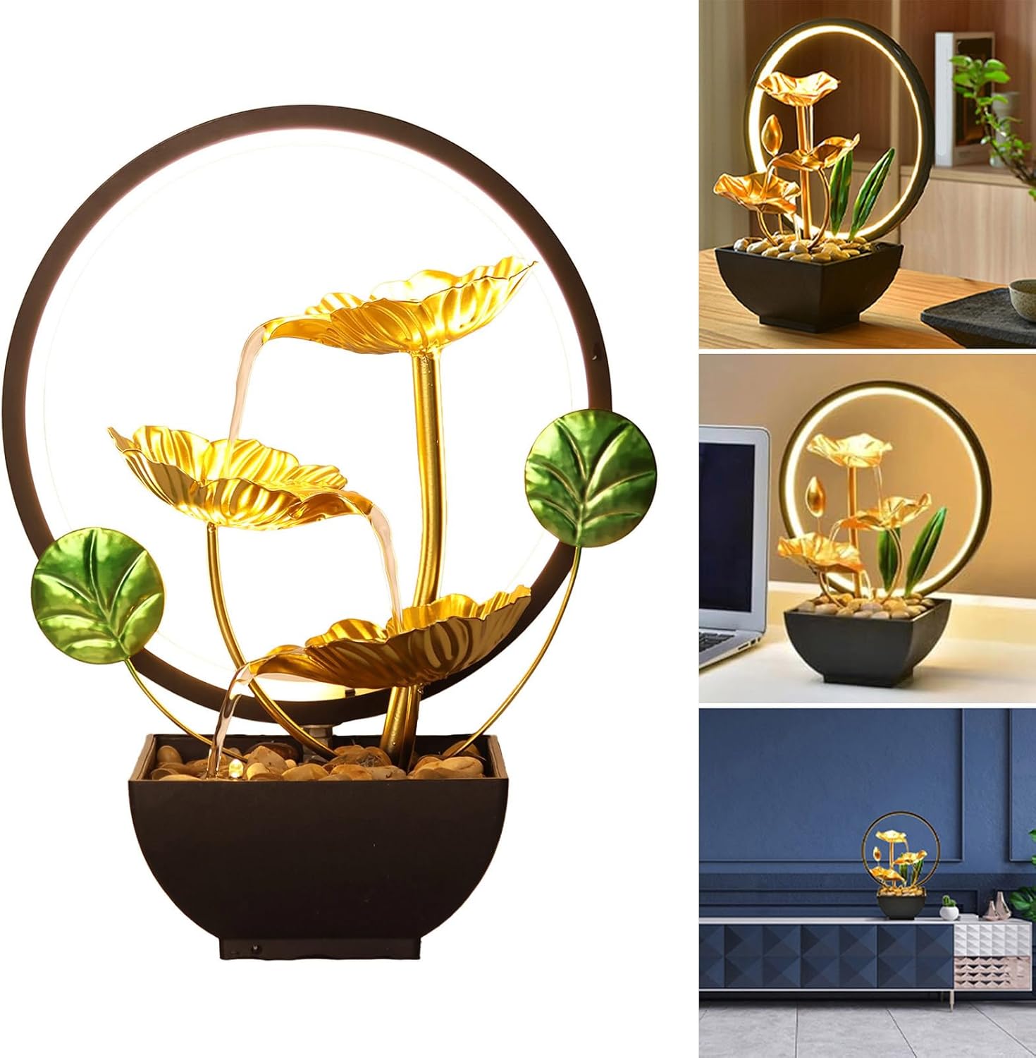 Elegant 3 Tiered Indoor Fountain with LED Light and Stones