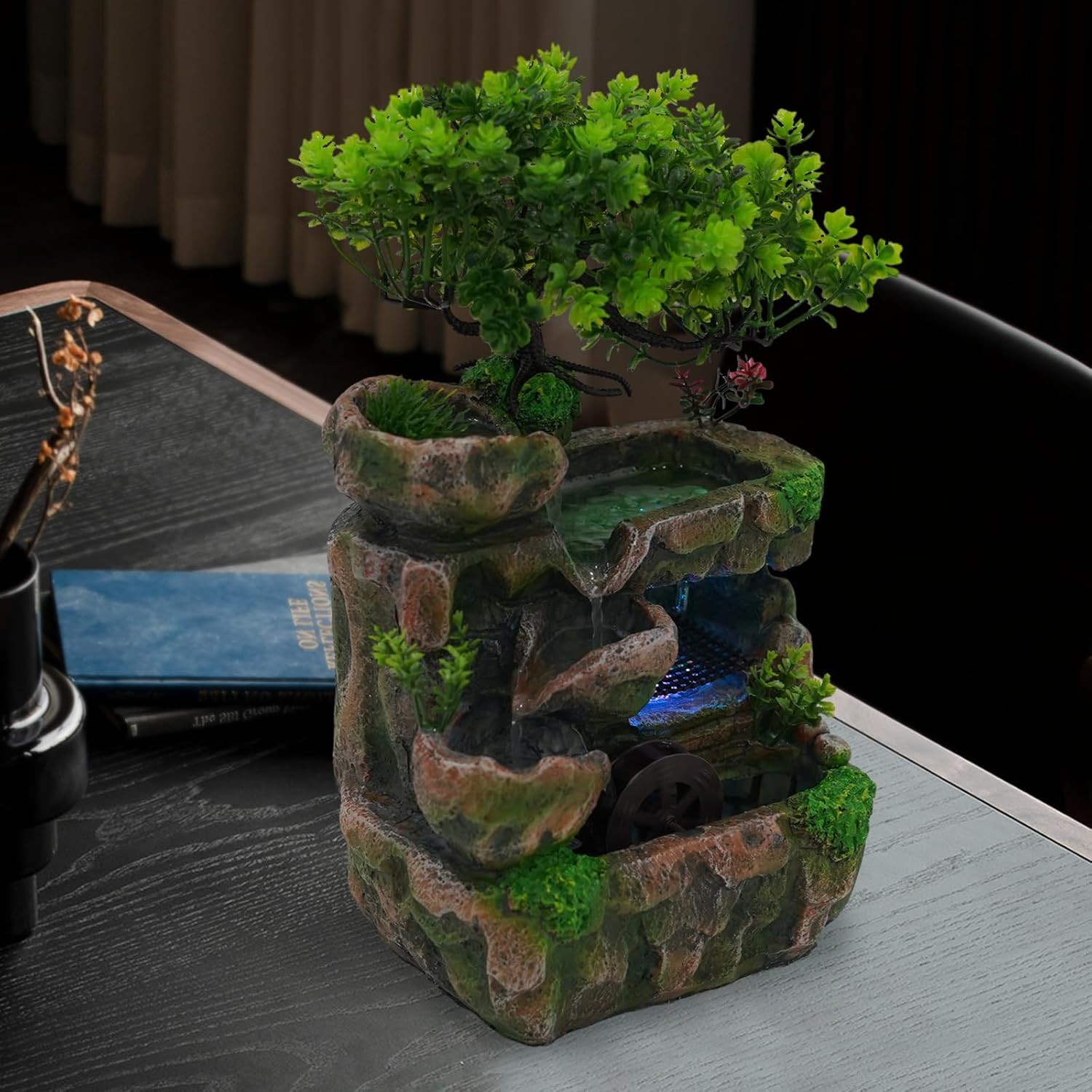 Desk Water Fountain With LED Light and Rockery Design