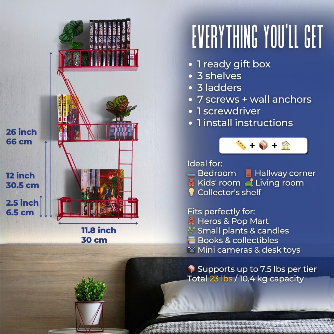 Fire Escape Wall Shelf - Red Metal 3-Tier Floating Ladder Display