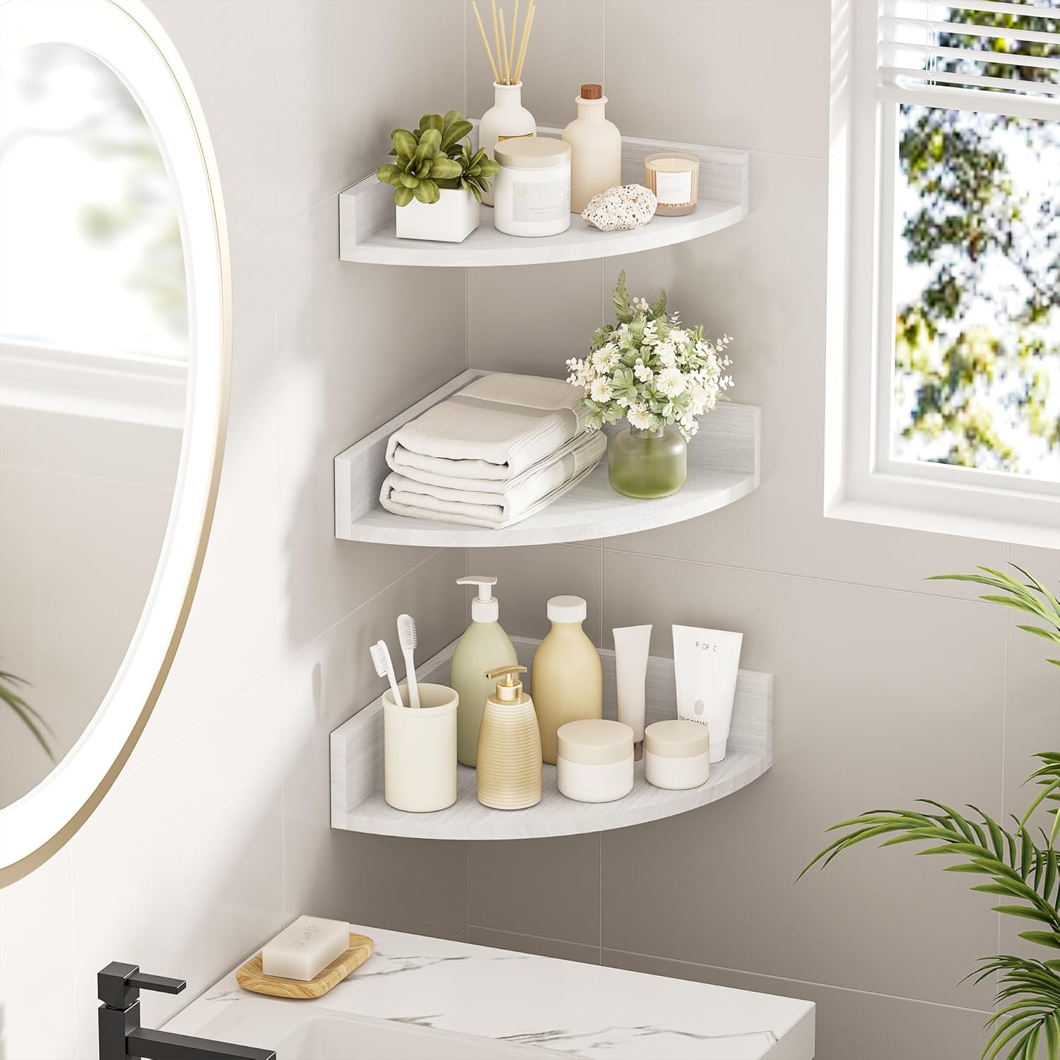 Alsonerbay White Corner Shelf Wall Mount Set of 3