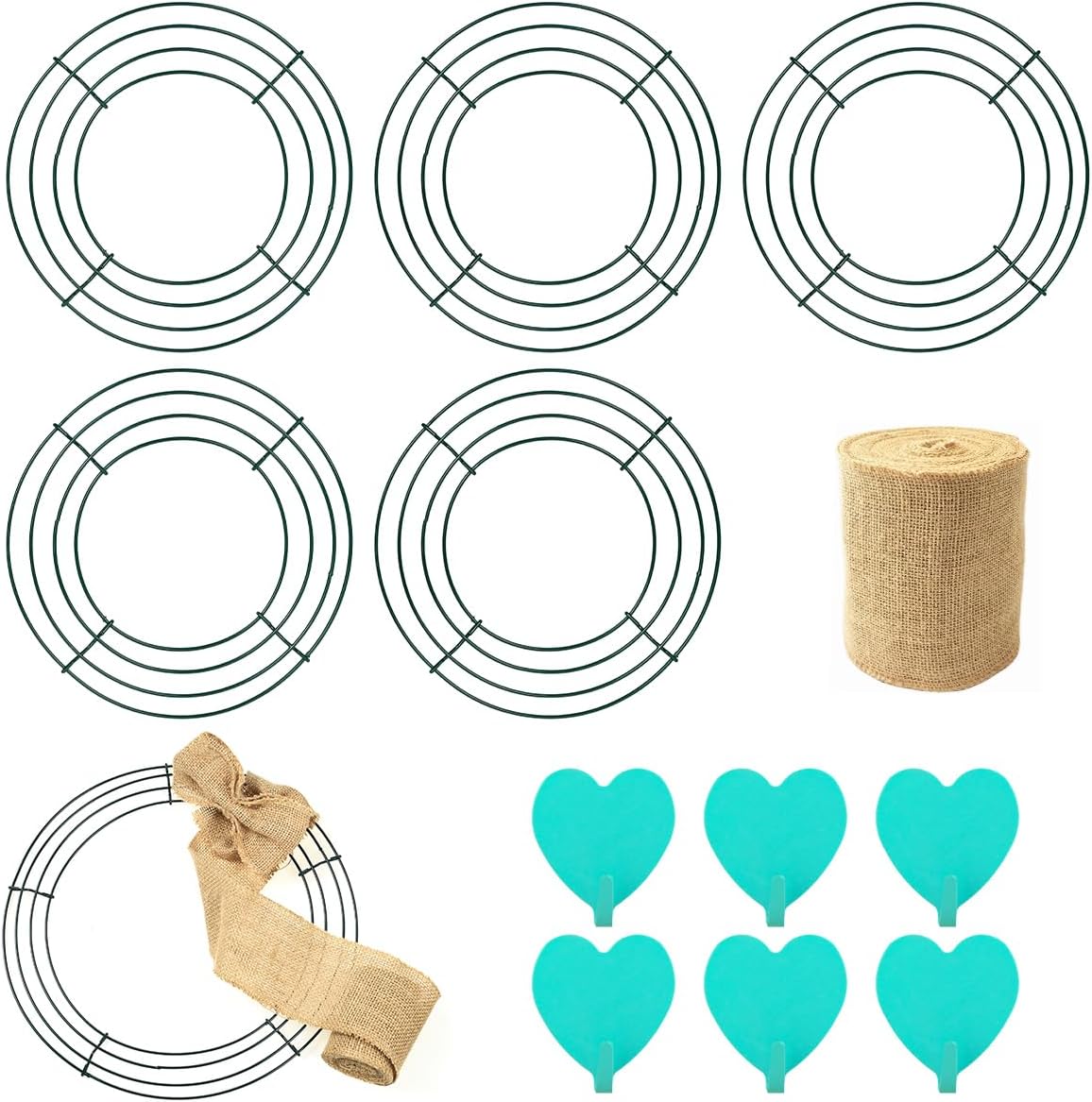 6 Pack 8 Inch Metal Wreath Frame with Hooks and Burlap