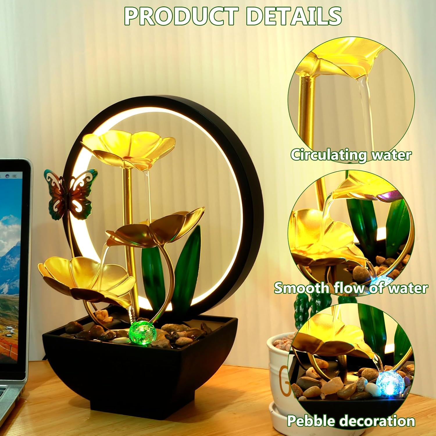USB Powered Tabletop Fountain with LED Light and Natural Stones