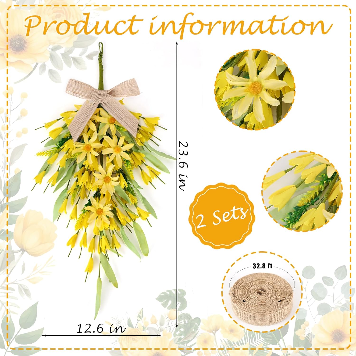 22 Inch Yellow Forsythia Wreath 2 PCS Front Door Decor