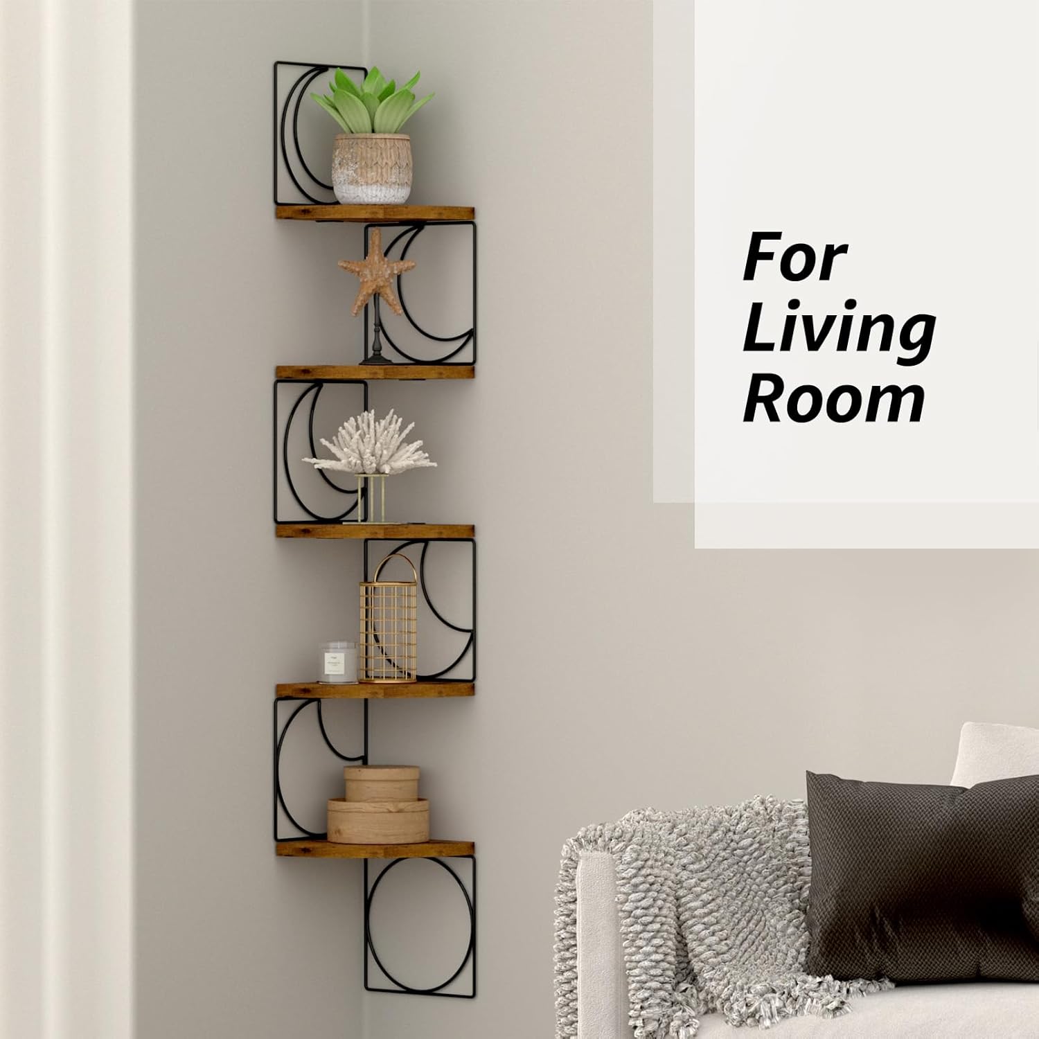 PHAREGE 5 Tier Moon Phase Corner Shelves Brown Black