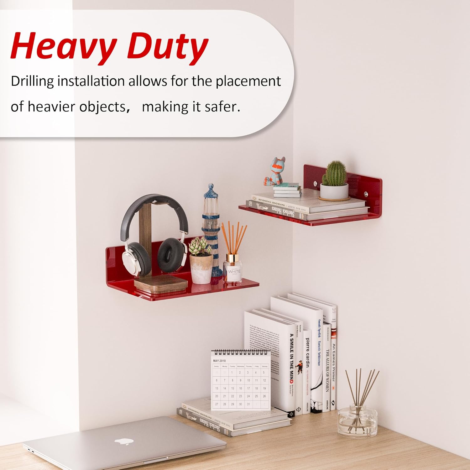 9 Inch Red Acrylic Wall Shelf 2 Pack