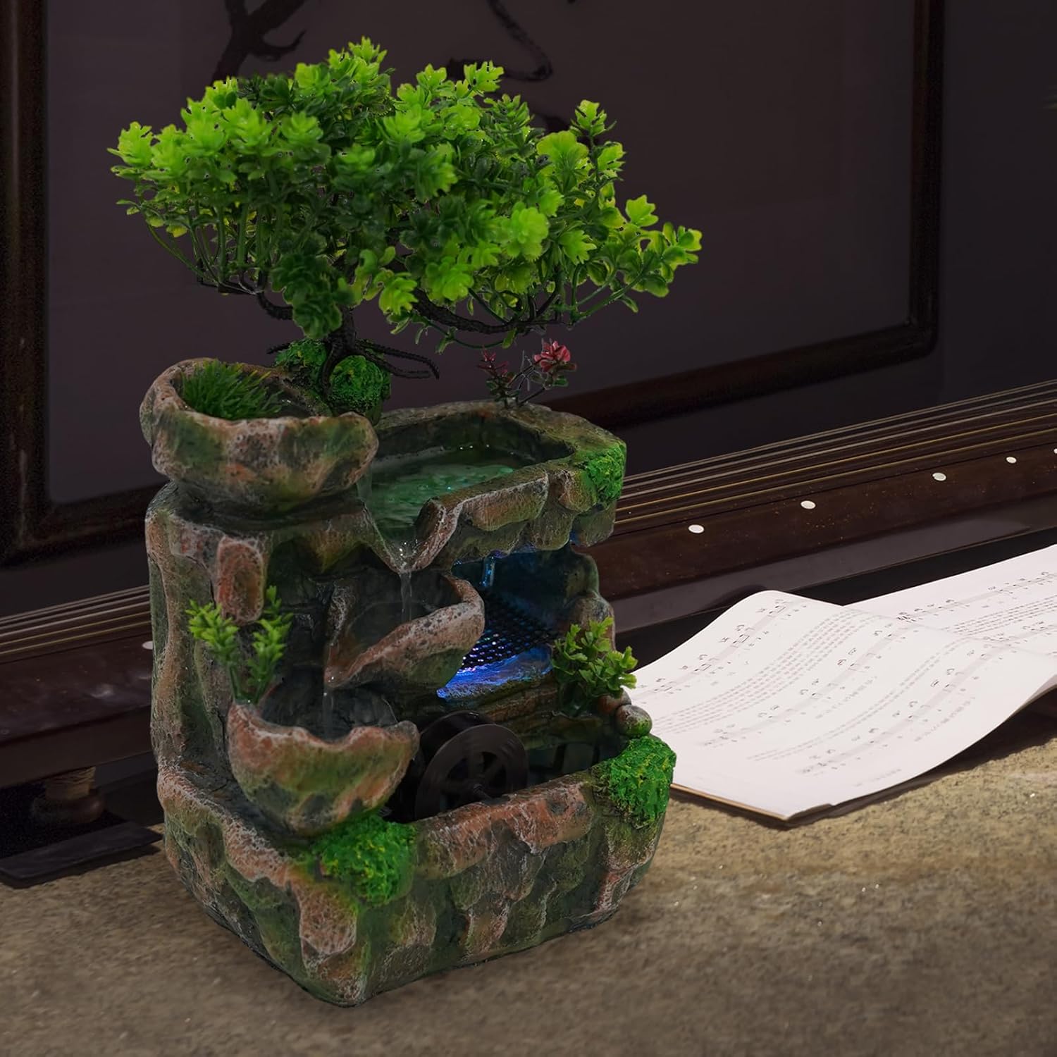 Desk Water Fountain With LED Light and Rockery Design