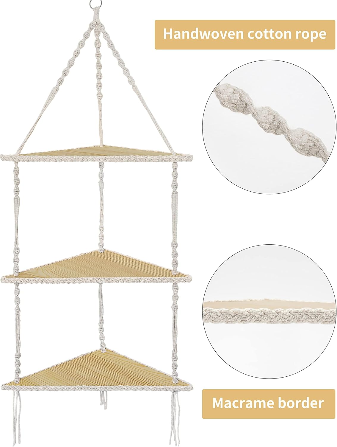 Mazjoaru 3 Tier Corner Shelves Boho Hanging Decor Organizer
