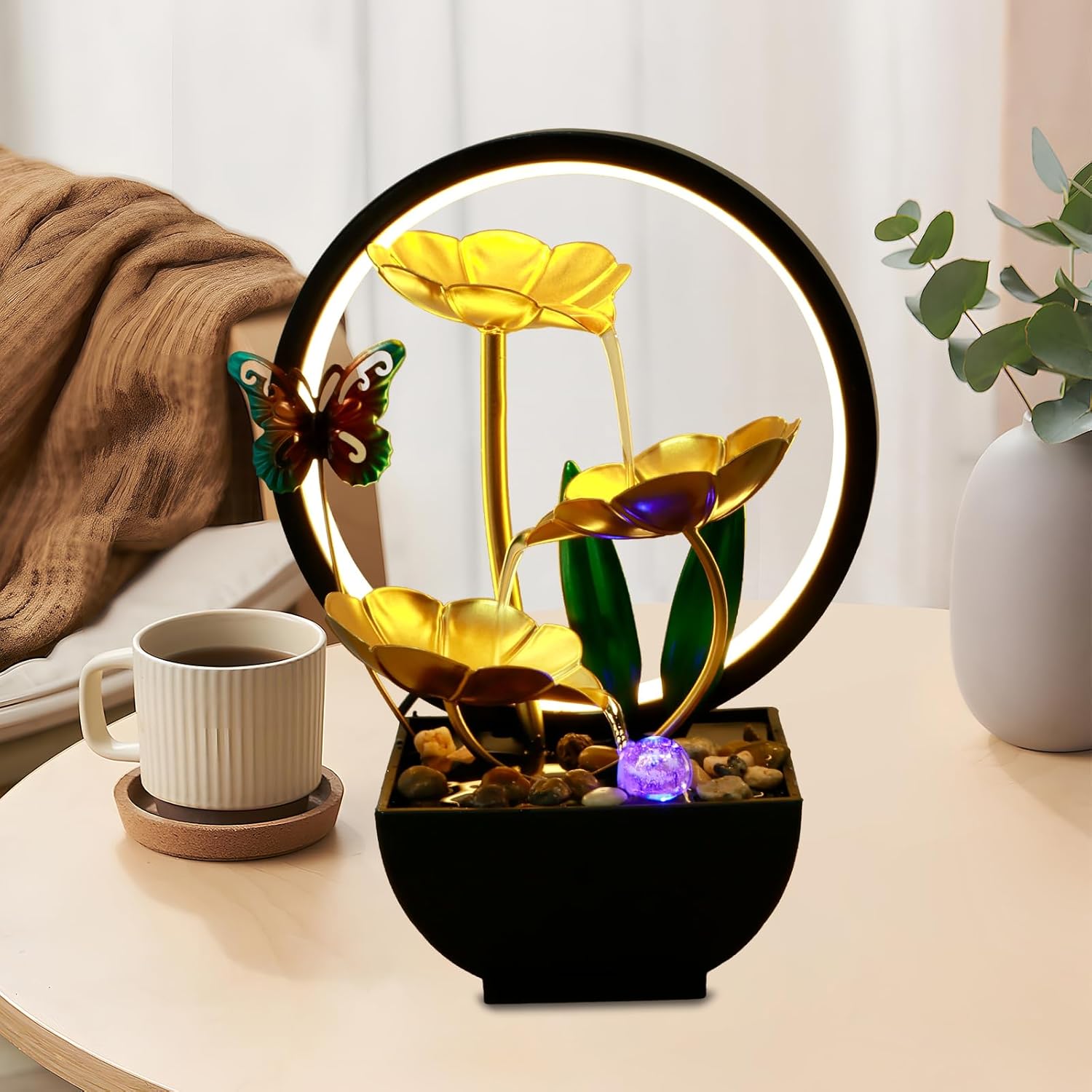 USB Powered Tabletop Fountain with LED Light and Natural Stones
