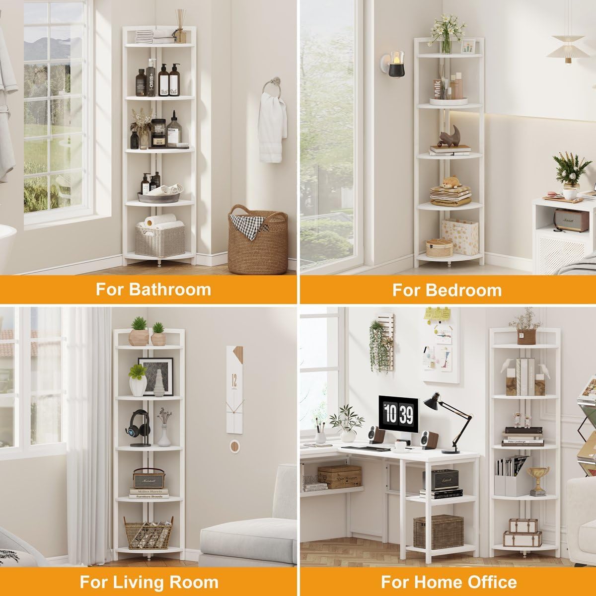 FATORRI Tall Corner Shelf 5 Tier Bookcase Stand