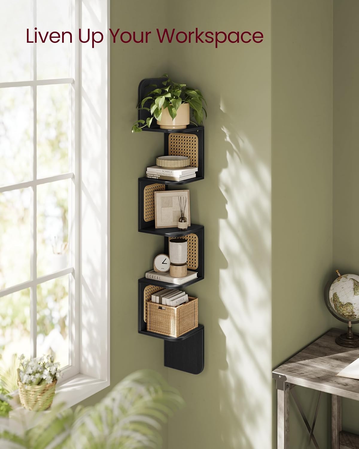 VASAGLE 5-Tier Corner Shelf with PVC Rattan Sides
