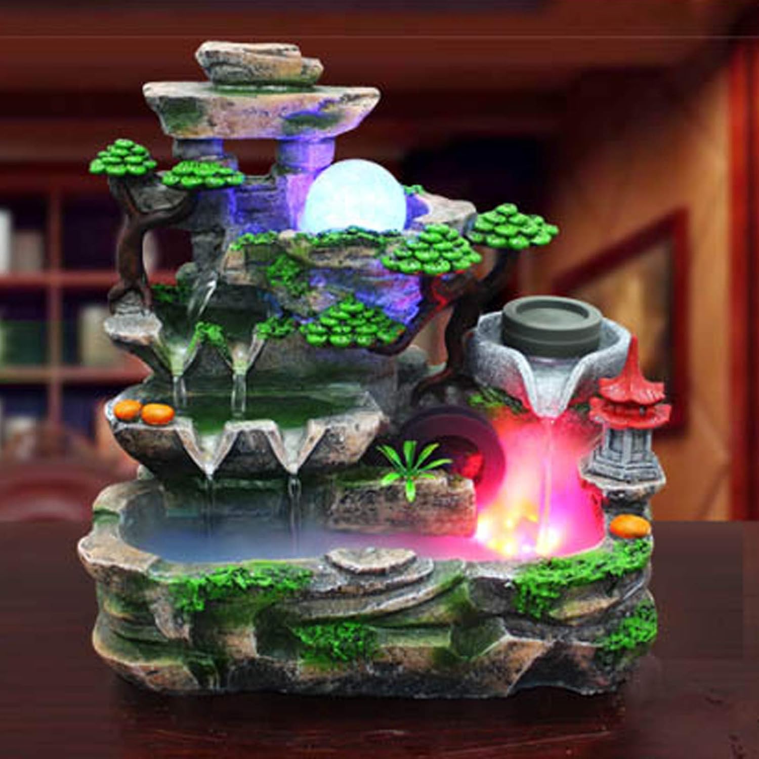 KONGKUNI Tabletop Waterfall Fountain with LED Light and Pump