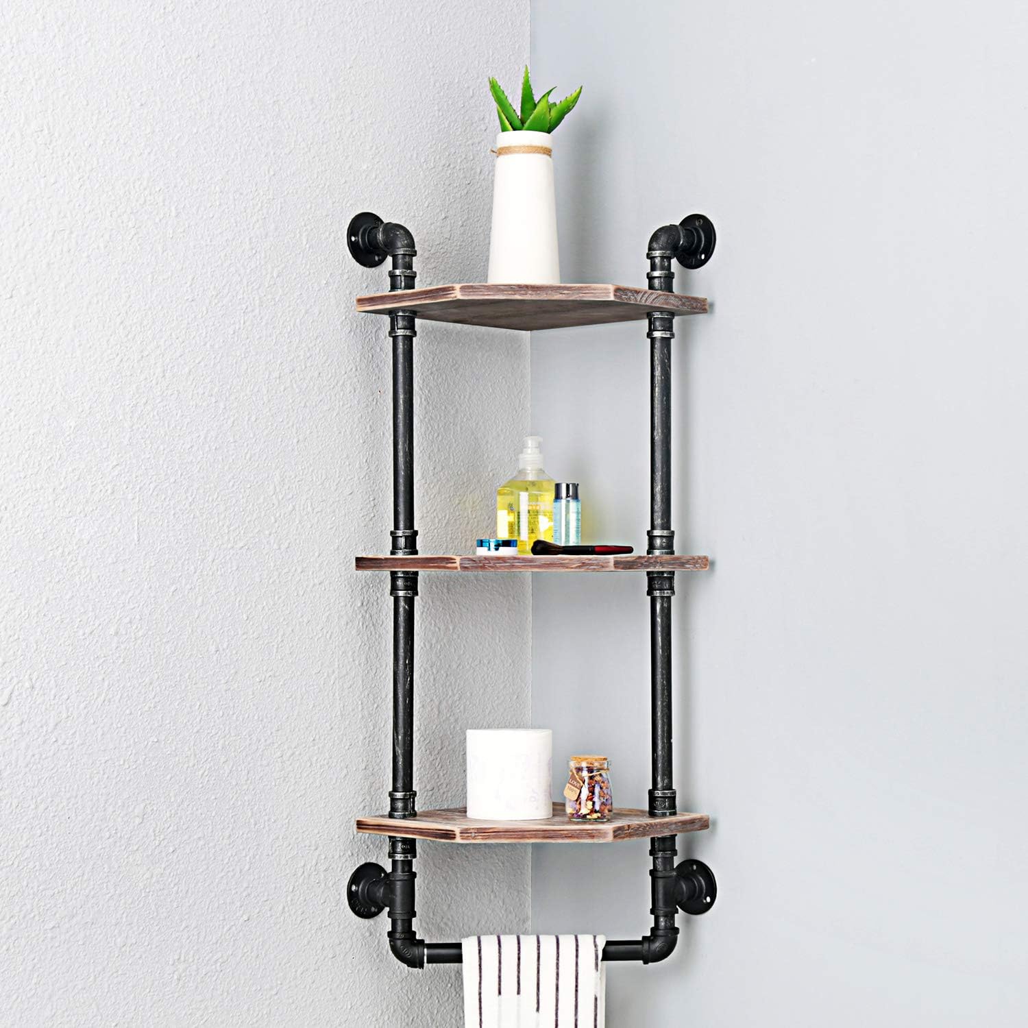 MBQQ Industrial Pipe Shelf 3 Tiered Floating Wood Decor