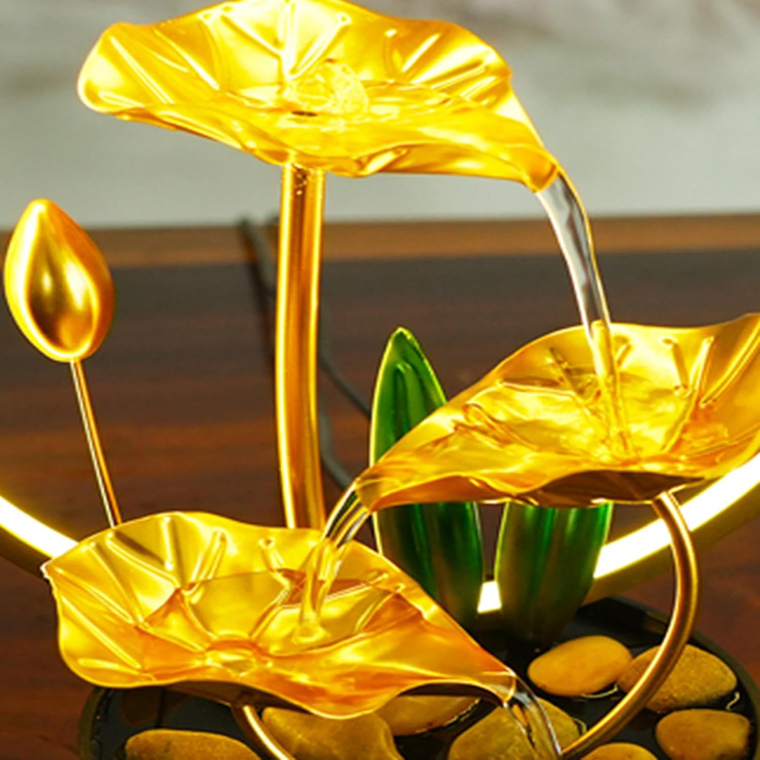White Metal Lotus Tabletop Fountain with Light Ring
