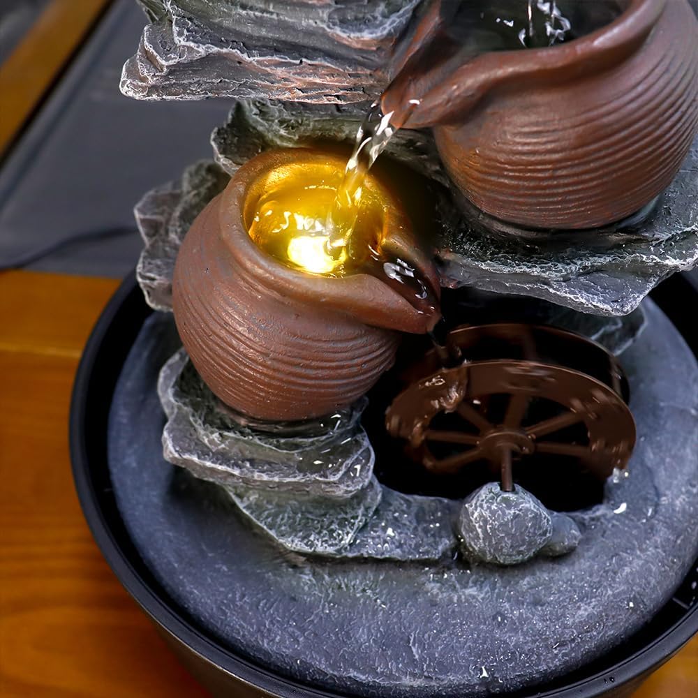Tabletop Water Fountain with Bowls and Waterwheel