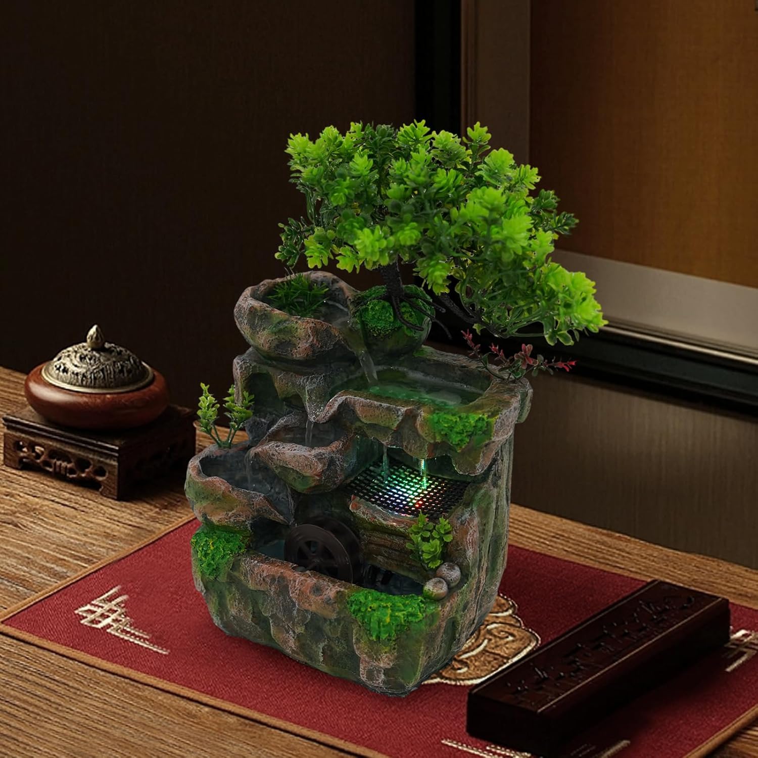 Desk Water Fountain With LED Light and Rockery Design